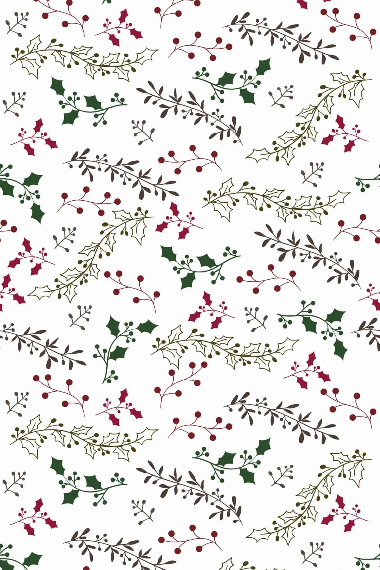 Aesthetic Christmas wallpaper pattern close-up: delicate mistletoe sprigs on soft white