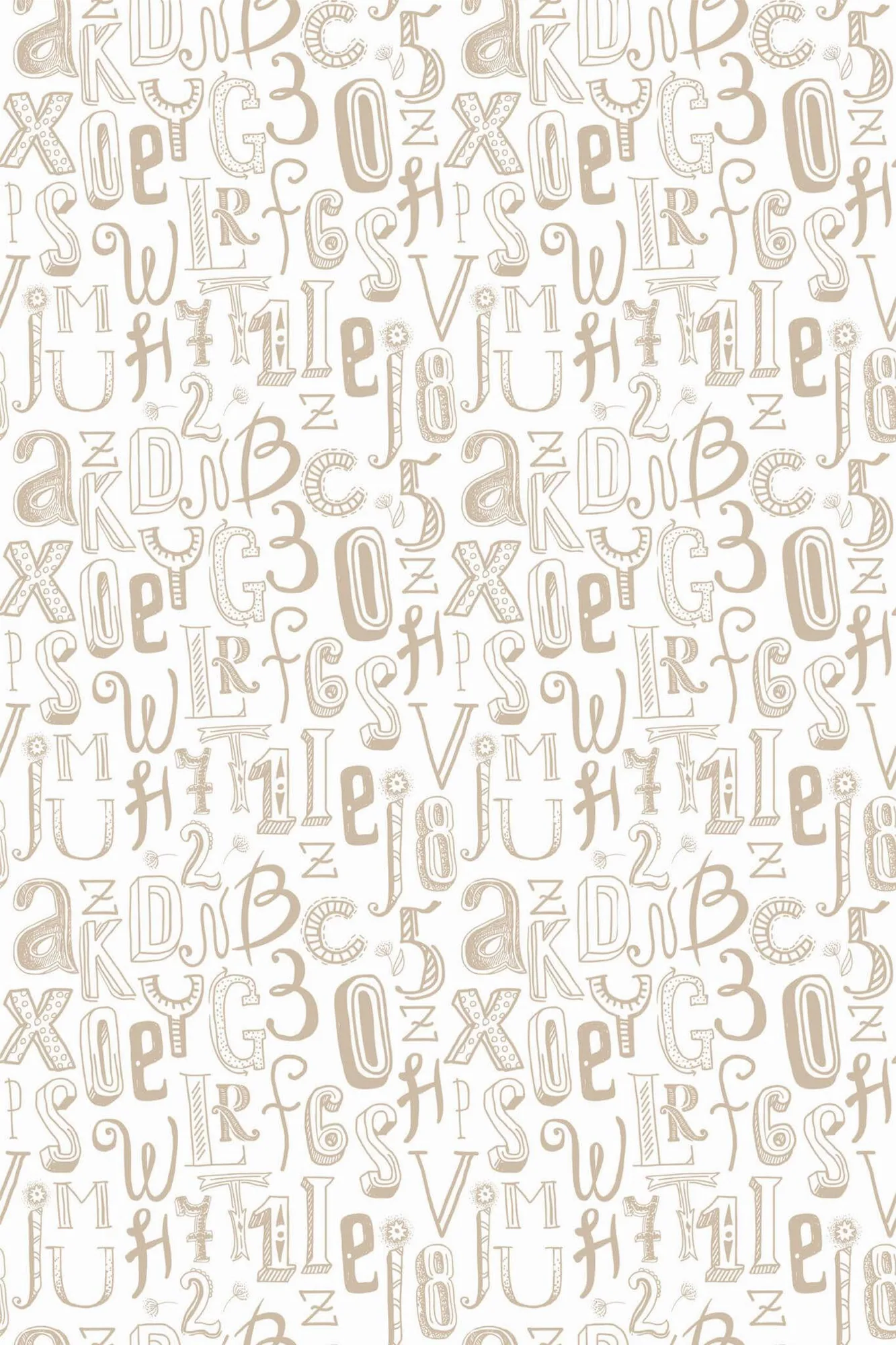 Alphabet wallpaper pattern close-up: hand-drawn beige letters and numbers overlap in a busy white-ground print