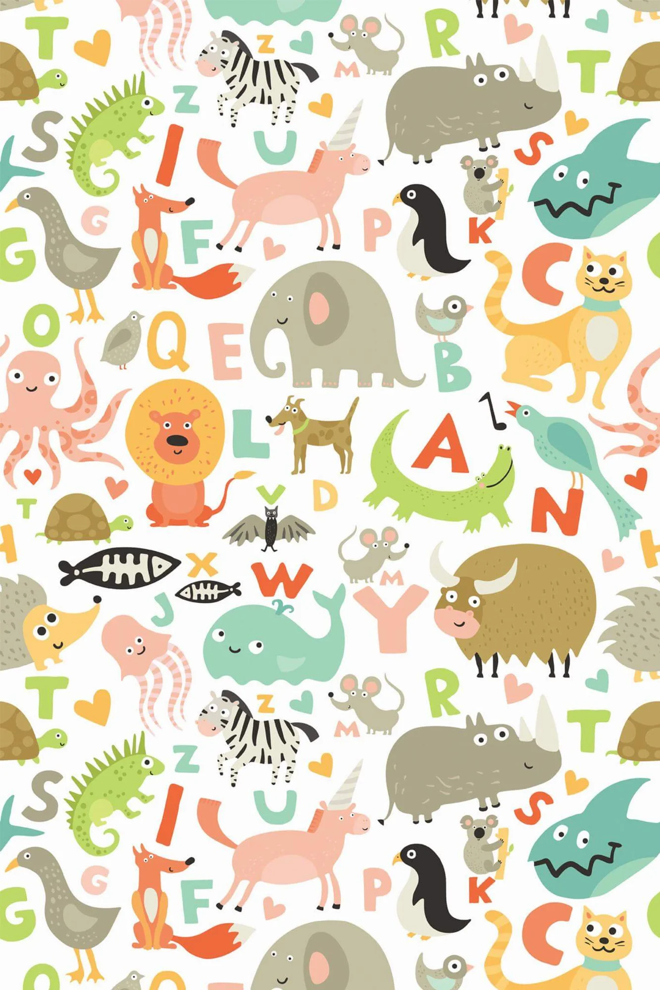 Animal alphabet wallpaper pattern close-up: a pastel animal alphabet with soft green accents