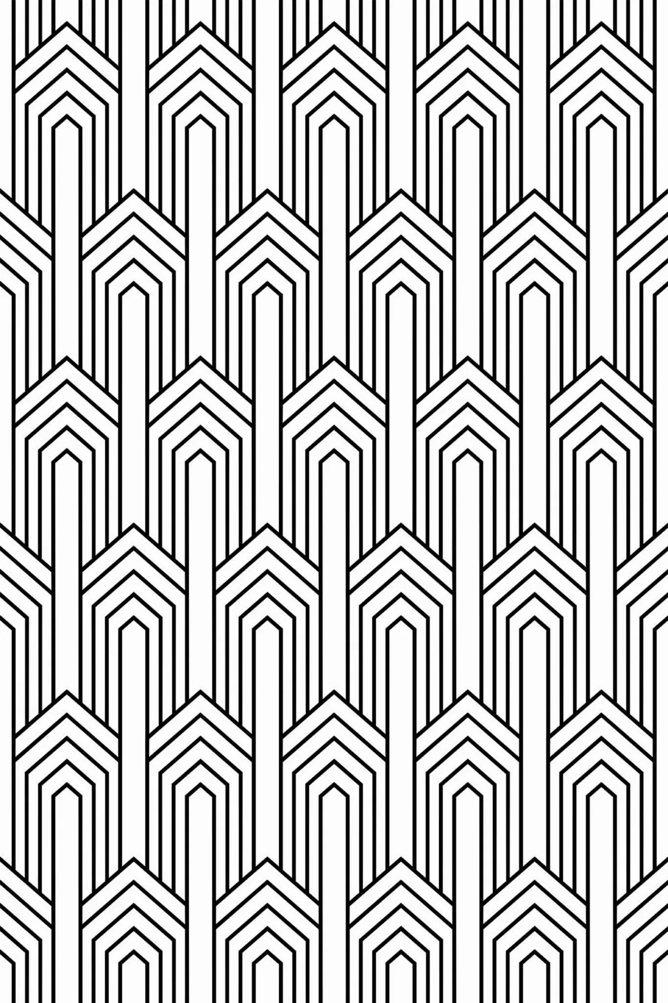 Art Deco arch wallpaper pattern close-up: nested black arches form a crisp geometric repeat on white