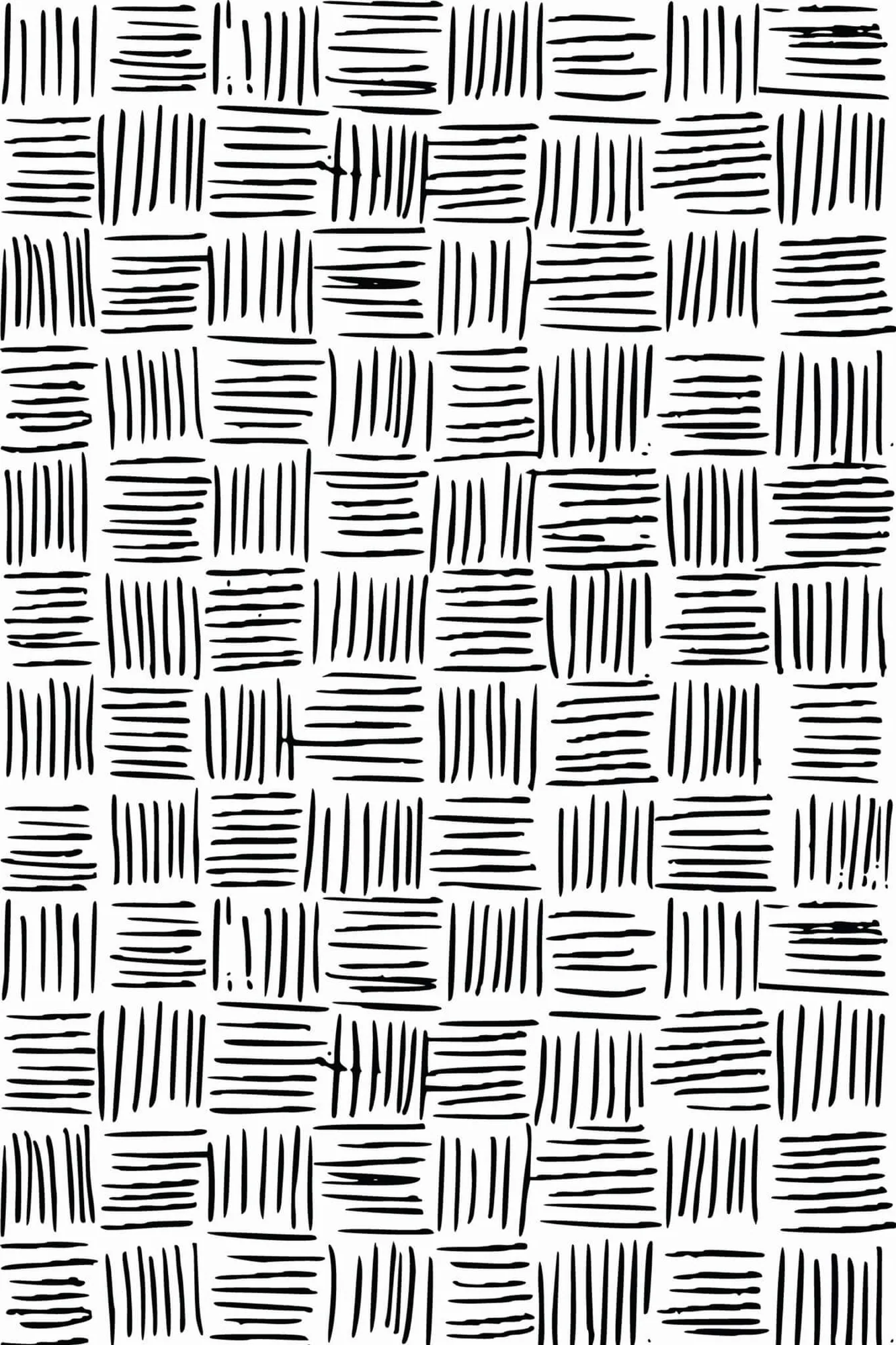 Basket weave brush stroke wallpaper pattern close-up: short black brush lines cross into an uneven basket-weave grid on white
