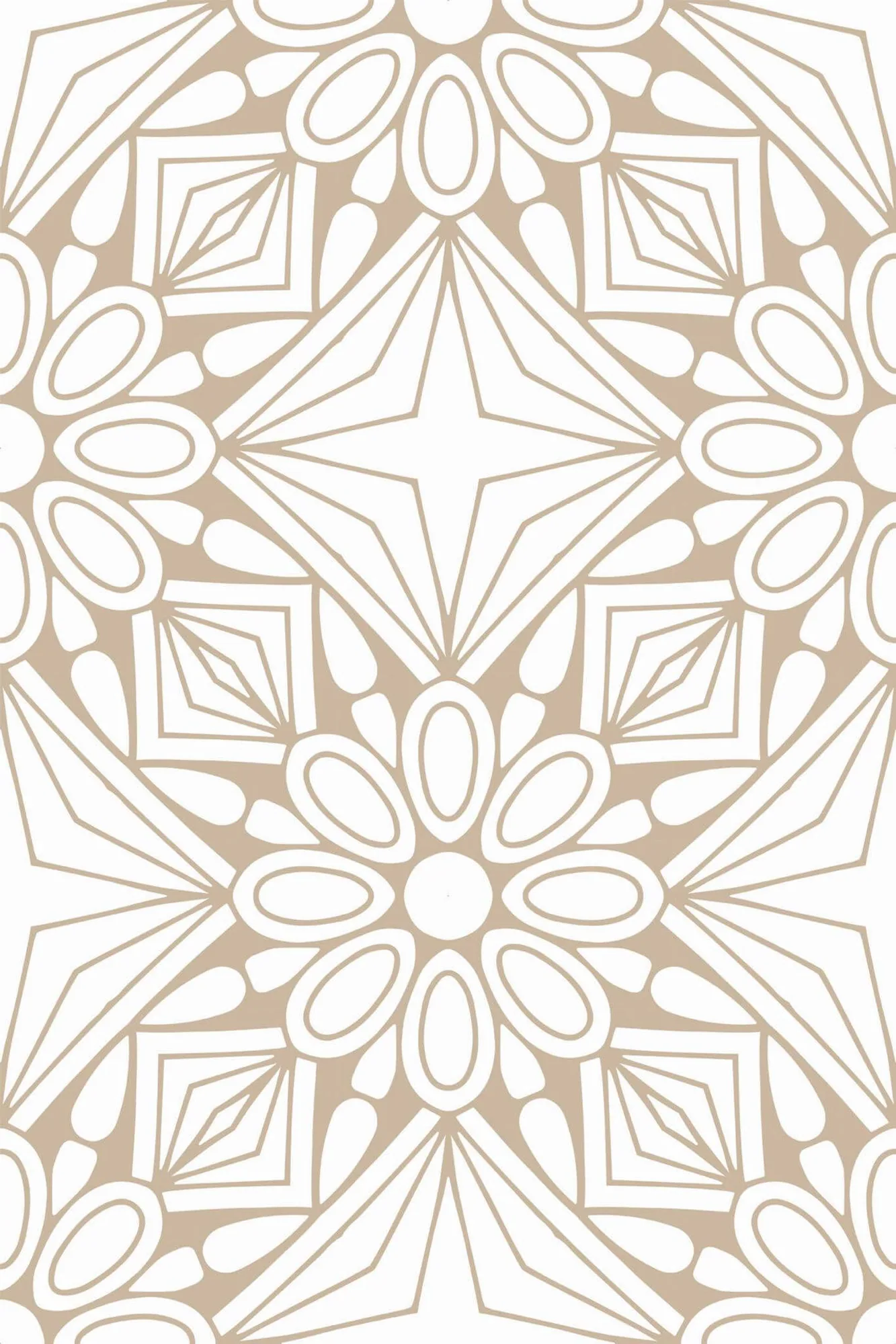 Beige geometric floral wallpaper pattern close-up: large beige floral medallions meet edge to edge on white