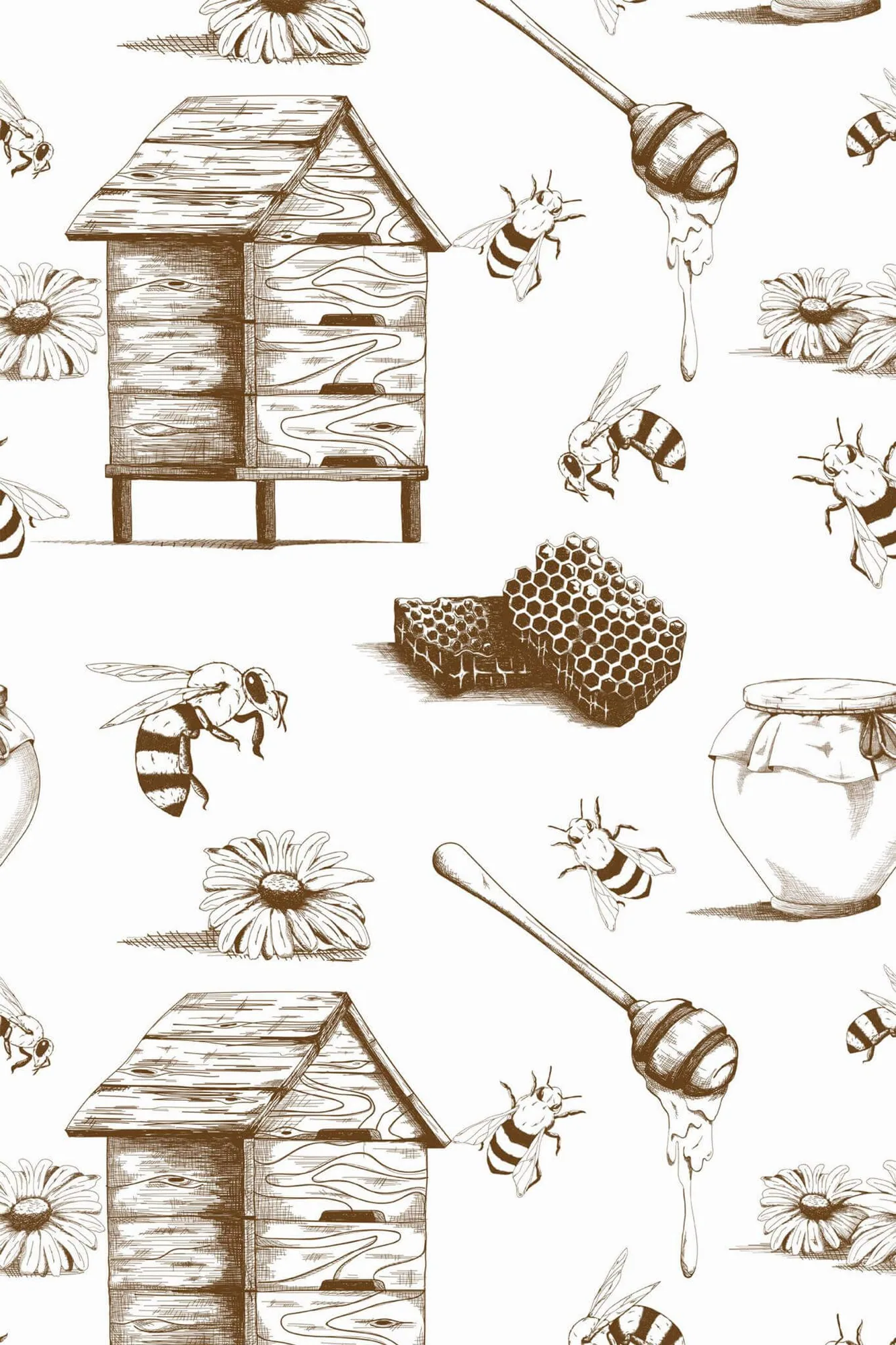 Beige honey bee wallpaper pattern close-up: detailed beige bees and honeycomb studies are scattered on white