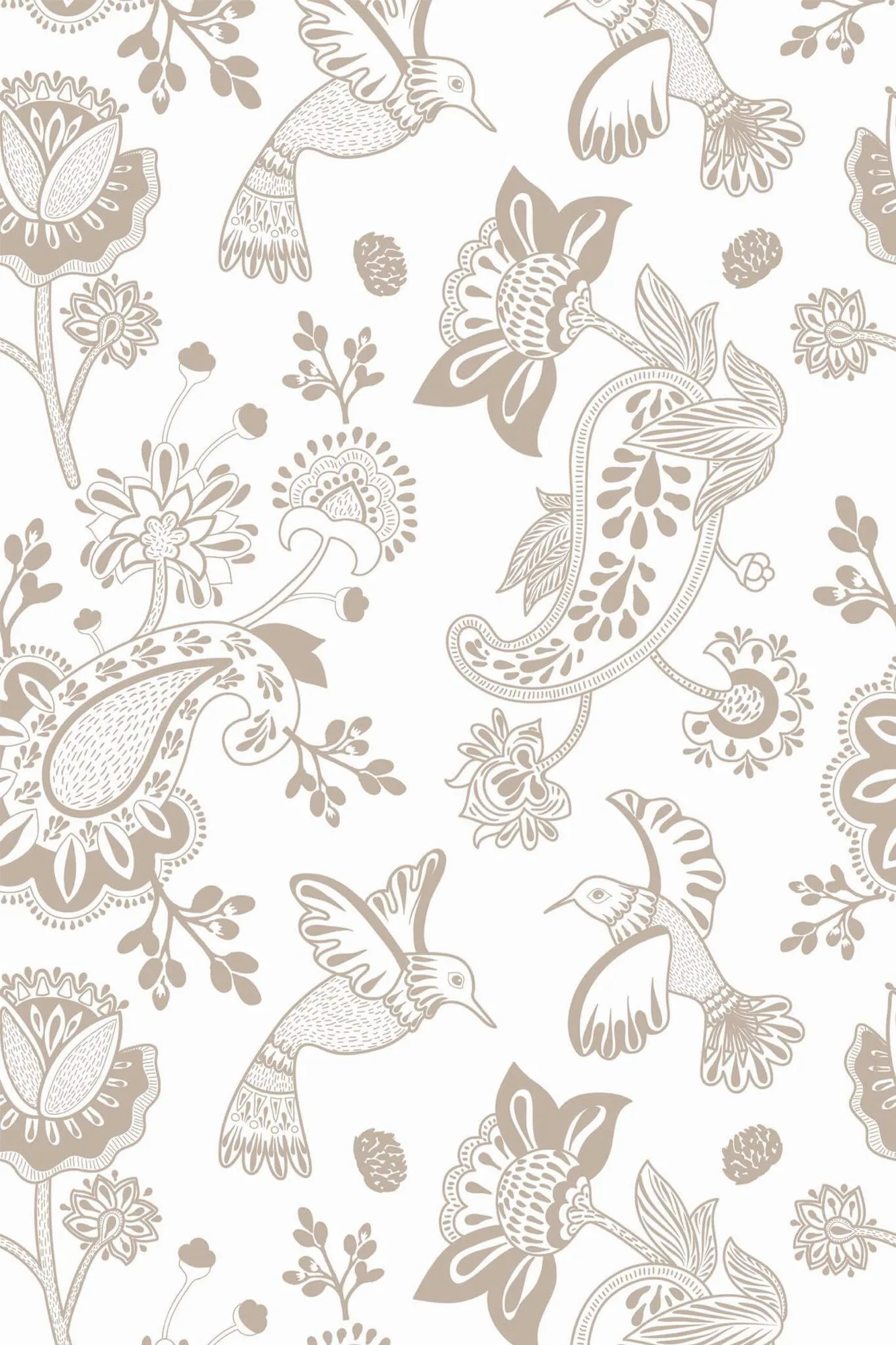 Beige paisley wallpaper pattern close-up: fine beige paisley, birds, and flowers make a light white-ground repeat