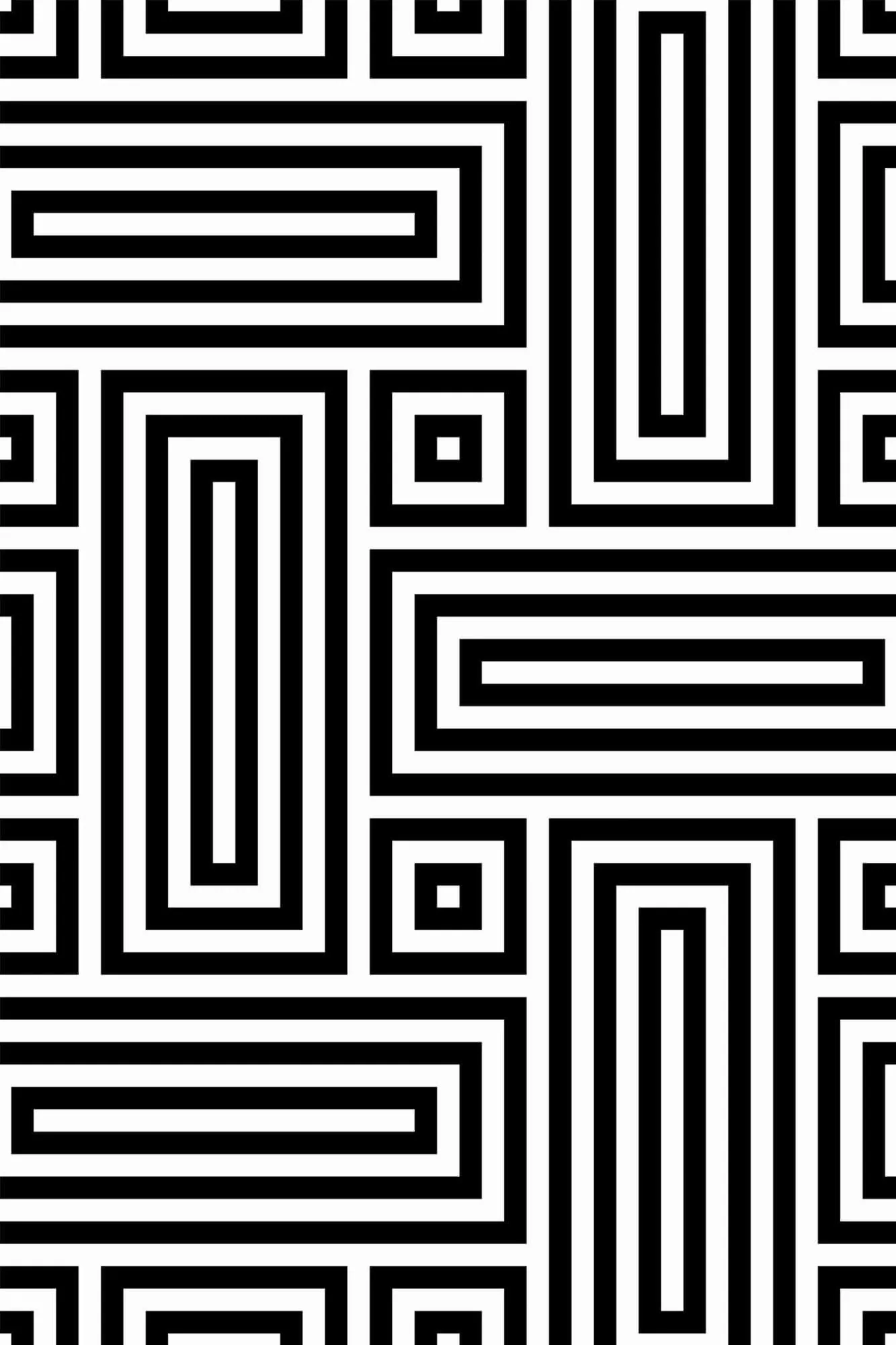 Black and white retro geometric wallpaper pattern close-up: bold black maze-like lines turn at right angles on white
