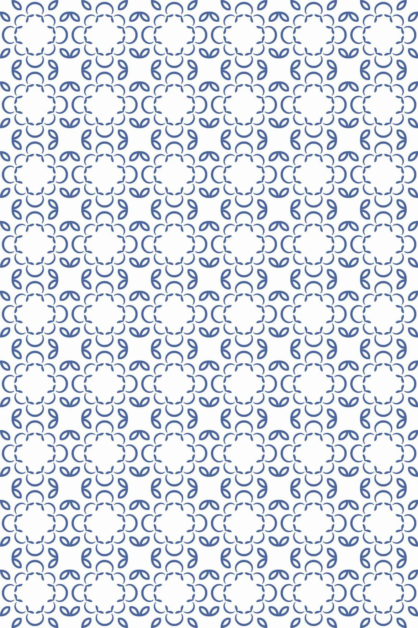 Blue and white geometric floral wallpaper pattern close-up: fine blue floral loops form a small lattice on white