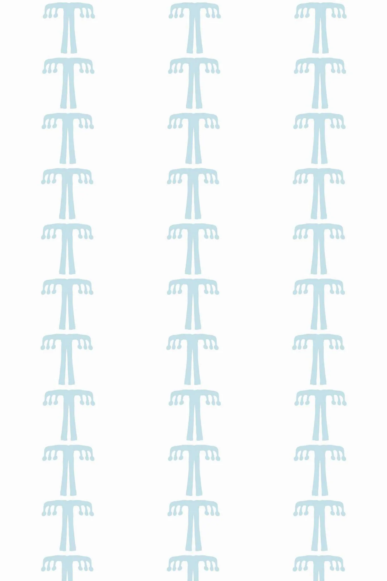 Blue boho wallpaper pattern close-up: small pale-blue tree-like marks sit in loose vertical rows on white