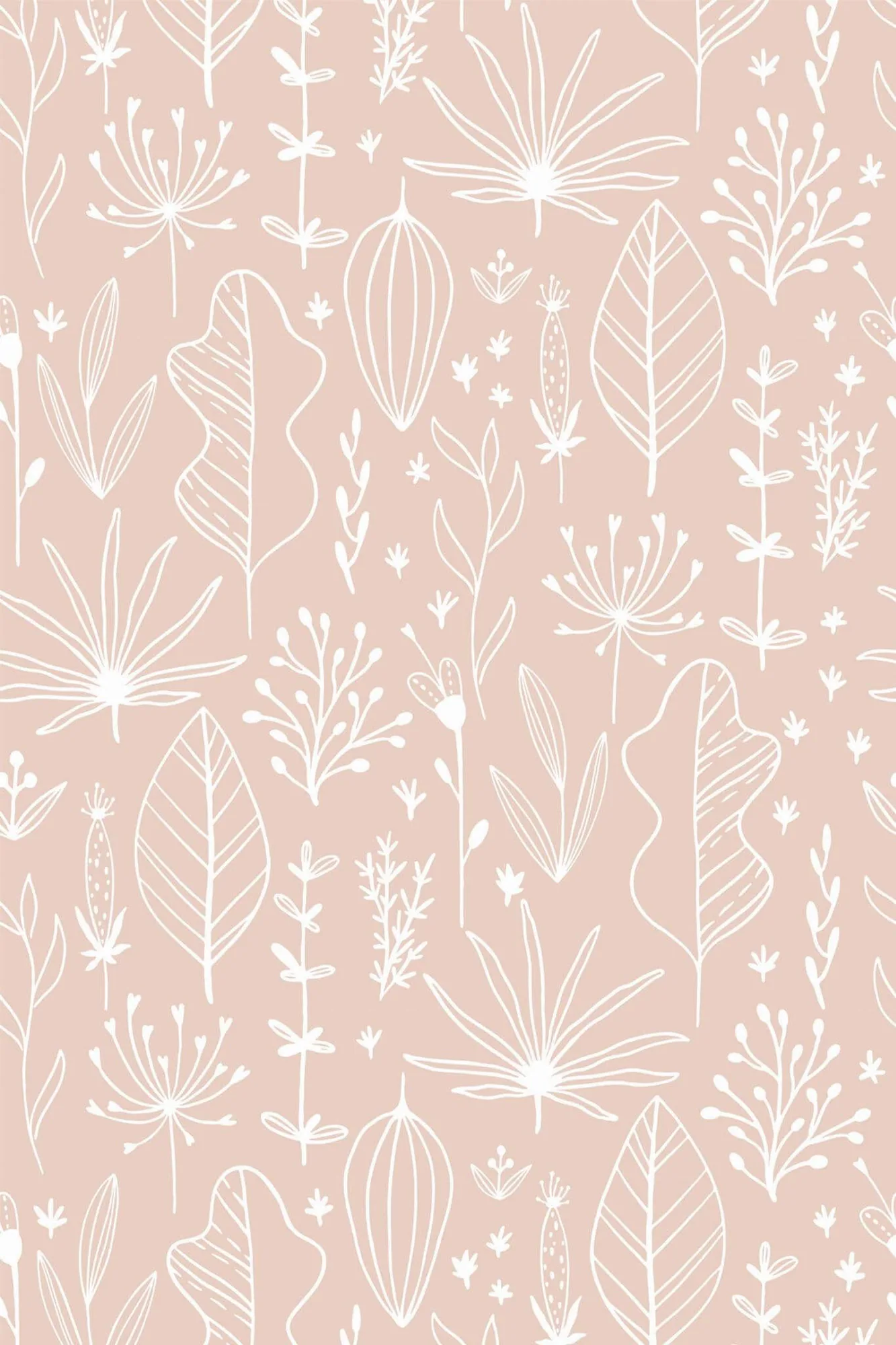 Pink boho wallpaper pattern close-up: white botanical line drawings sit on a soft blush-pink ground