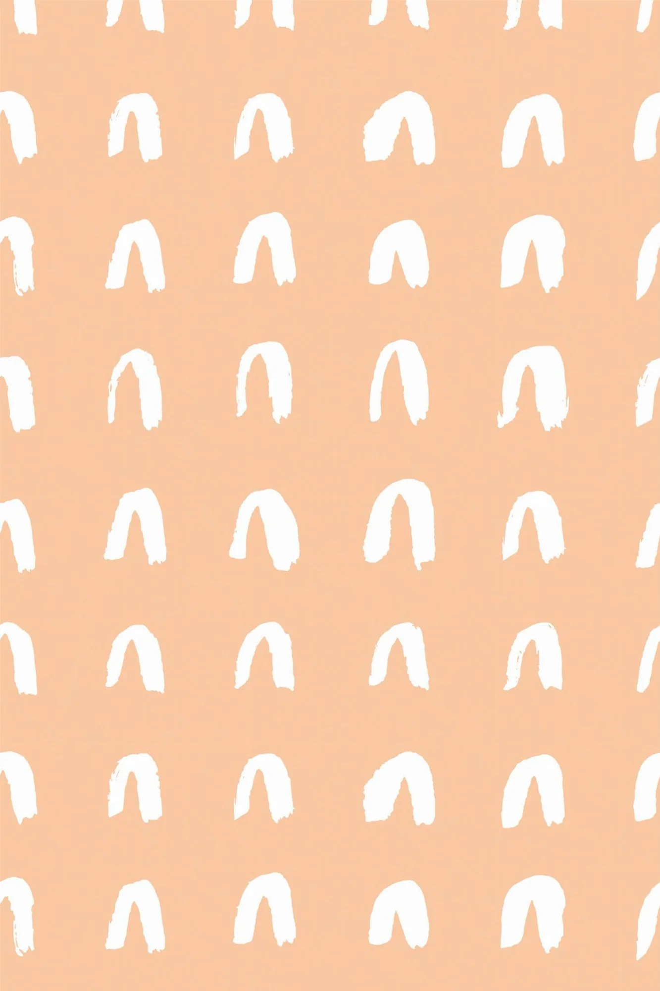 Brush stroke arch wallpaper pattern close-up: small white brush-stroke arches repeat across a warm peach ground
