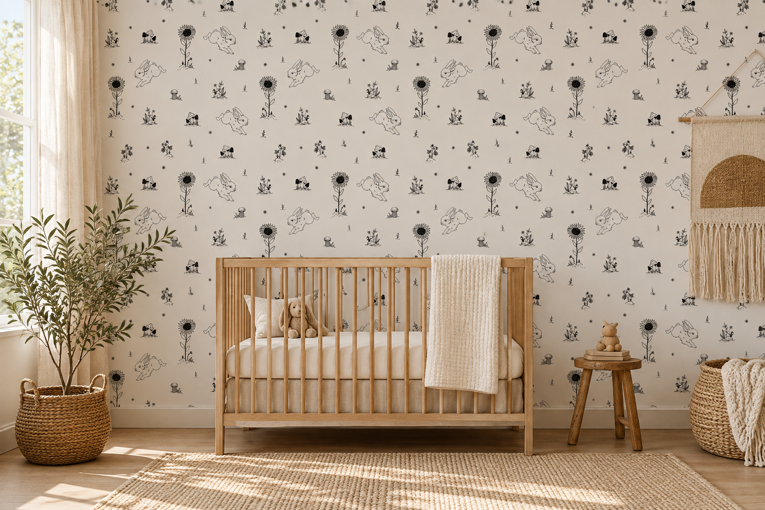 Bunny nursery Wallpaper in a WallJoy concept nursery at supplier-matched scale