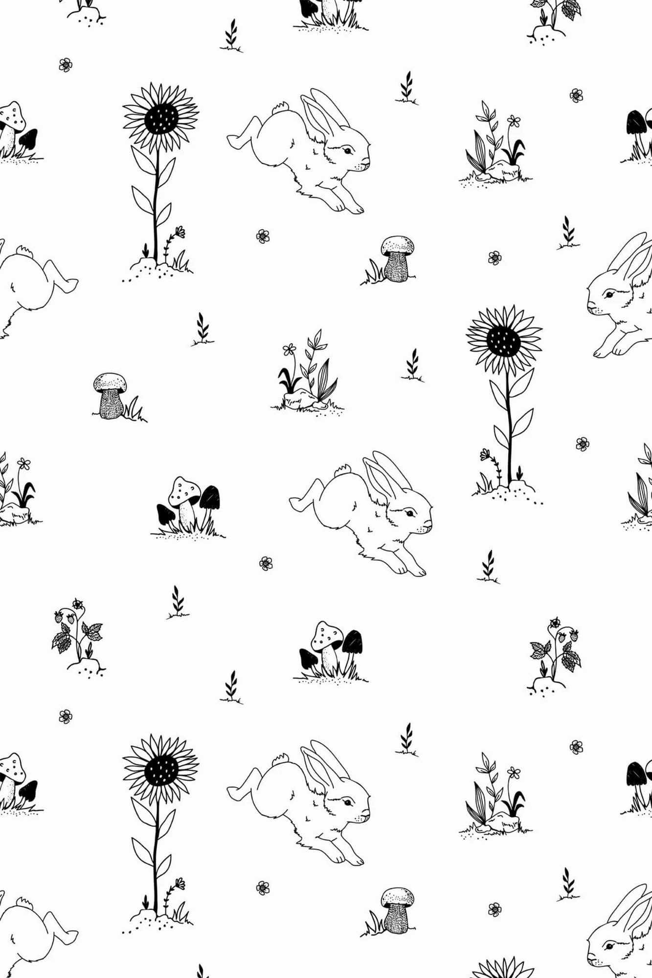 Bunny nursery wallpaper pattern close-up: black-and-white woodland rabbits and small botanical motifs