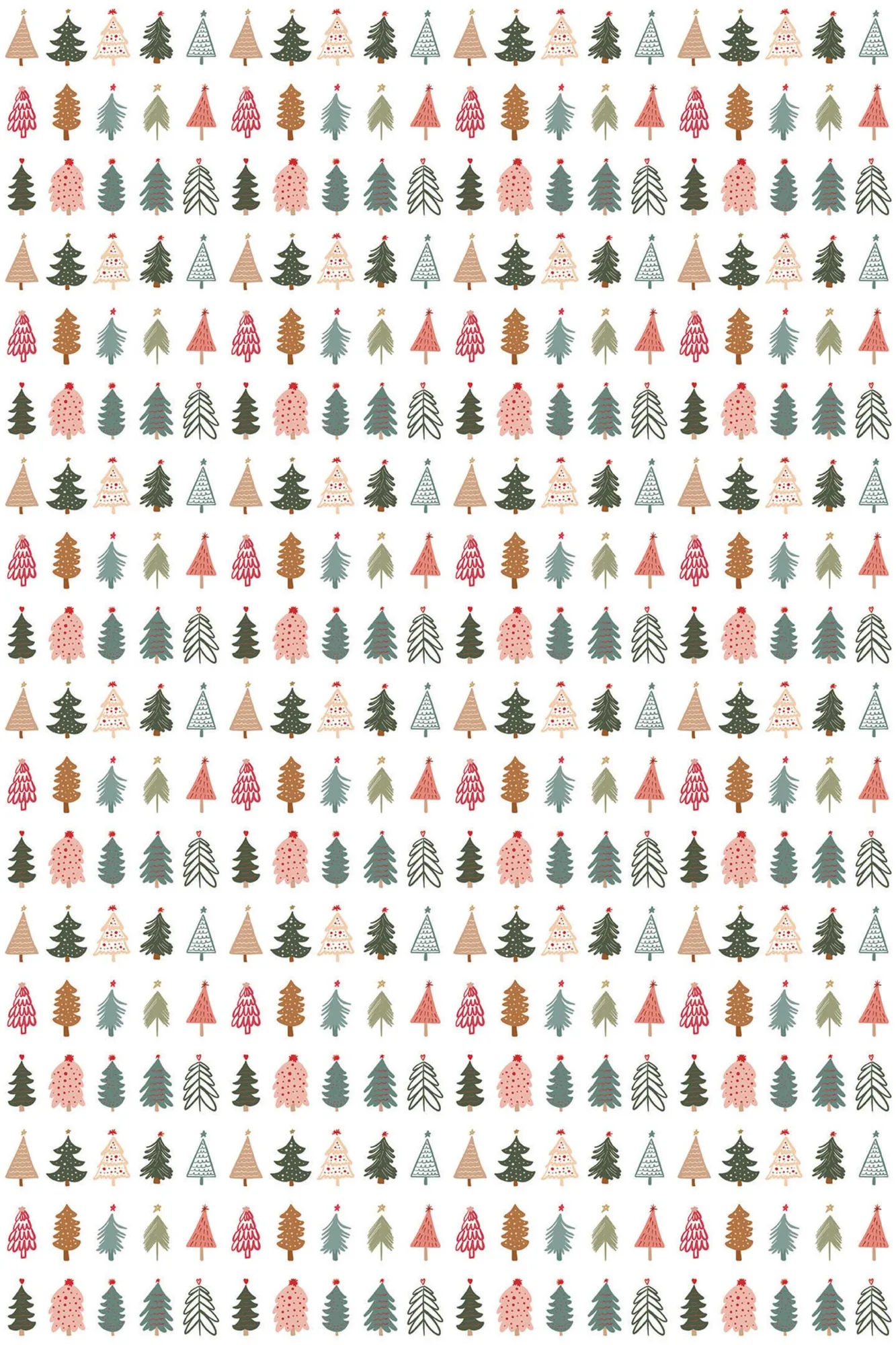 Charming White Christmas Trees wallpaper pattern close-up: white Christmas trees on a light ground; understated monochrome