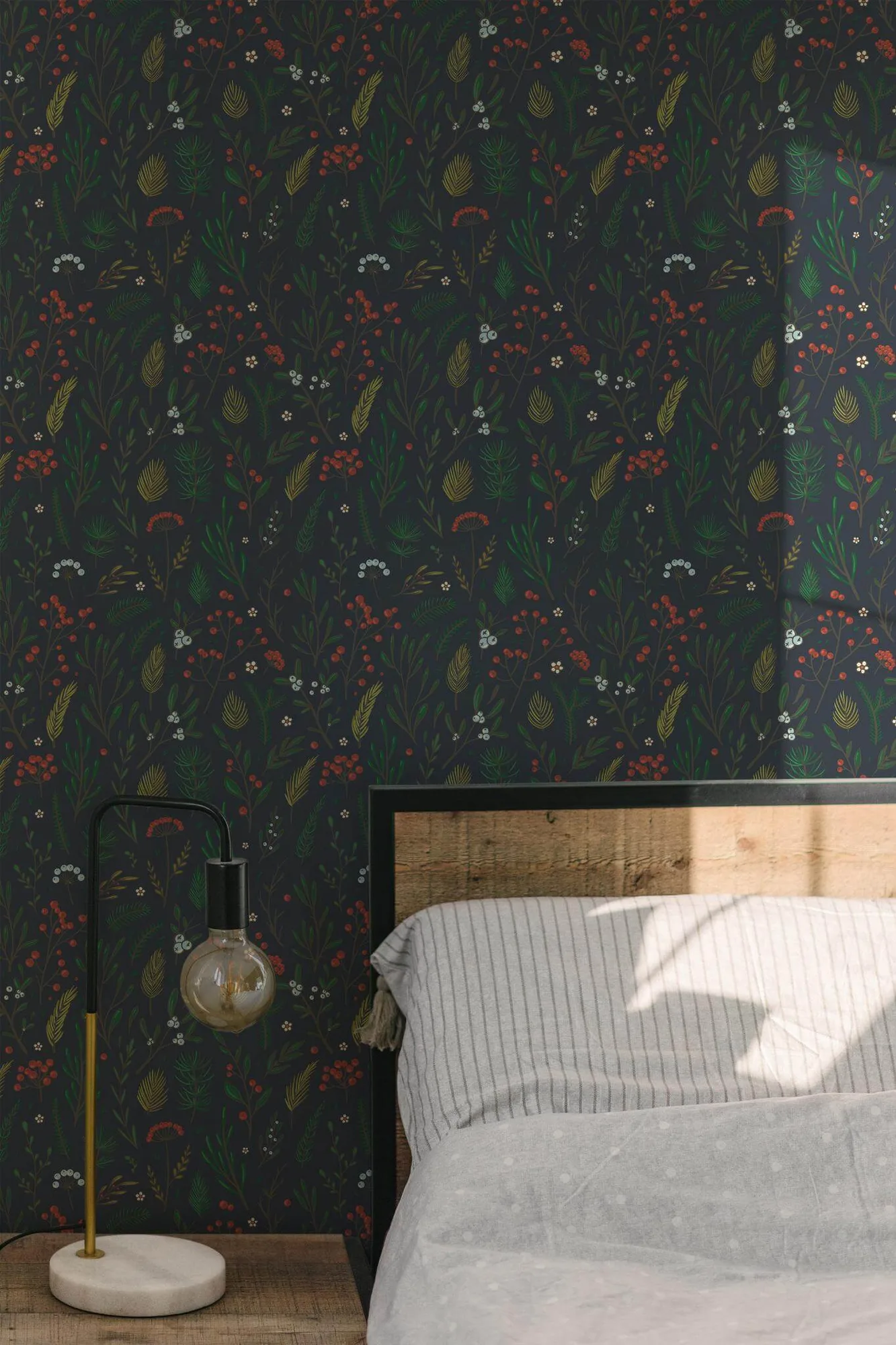 Christmas branch wallpaper in a room setting: minimal modern pine branches on a light ground