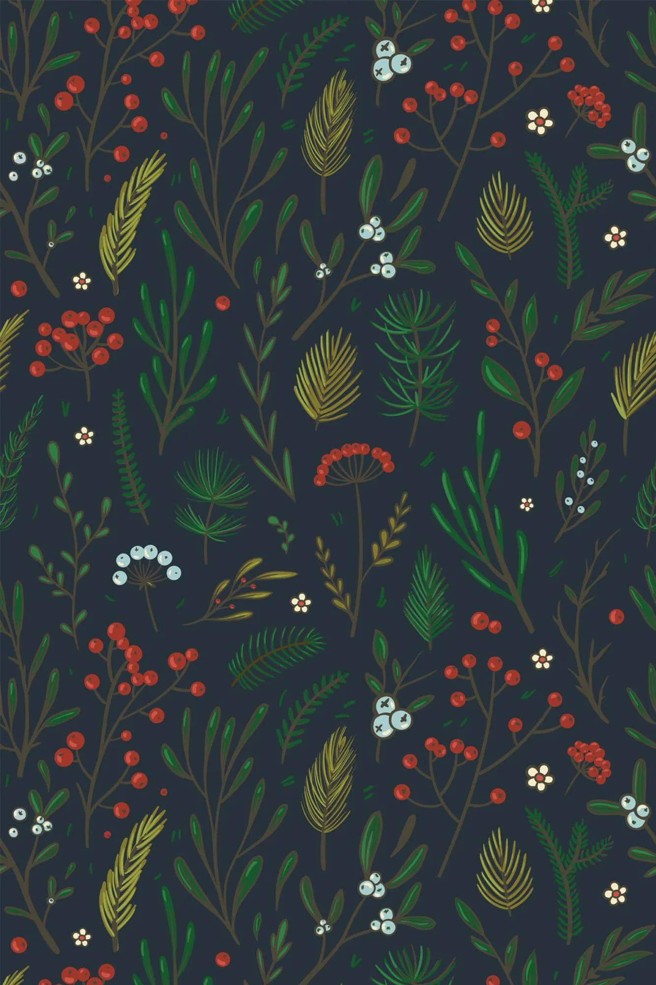 Christmas branch wallpaper pattern close-up: minimal modern pine branches on a light ground