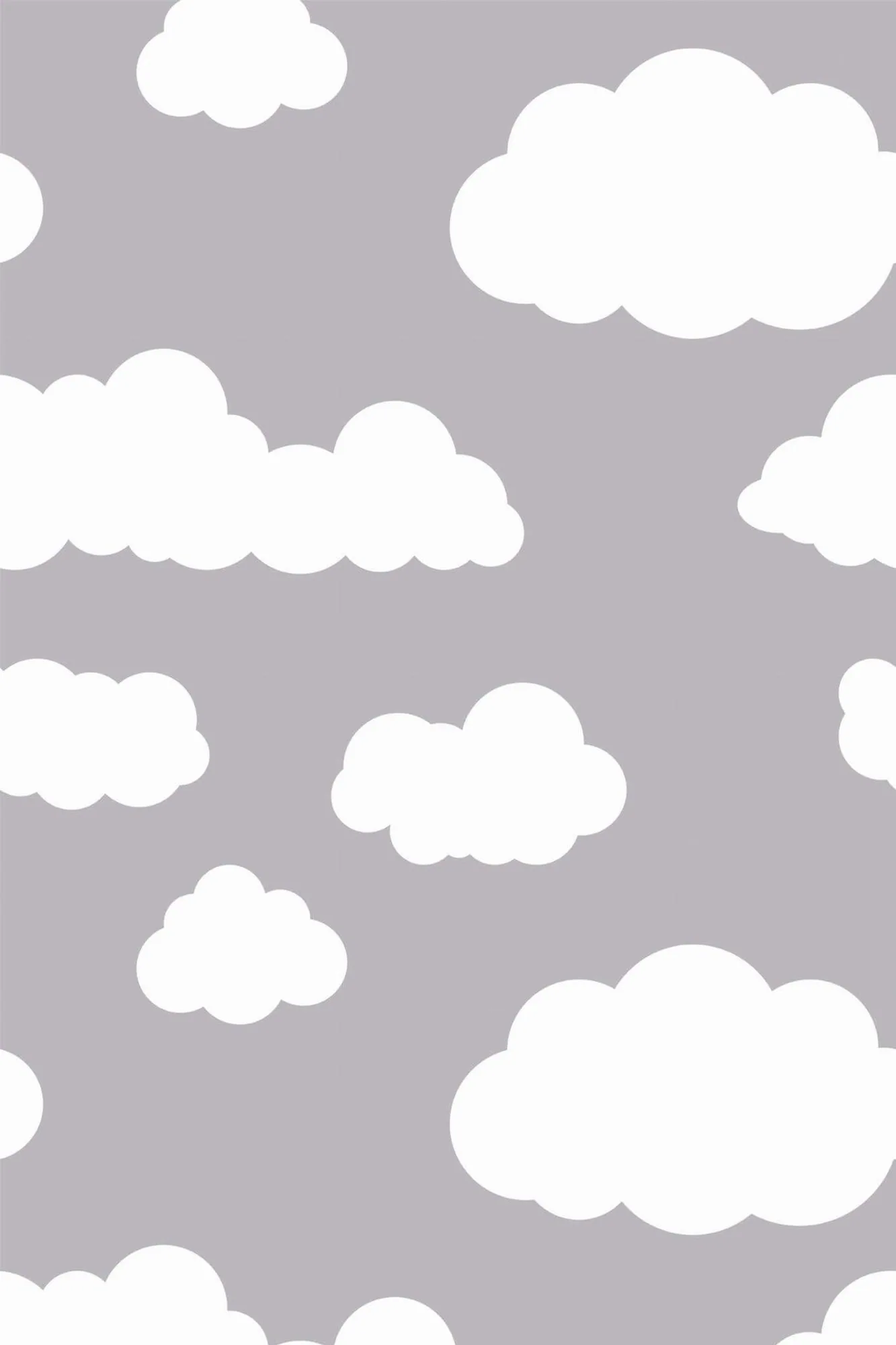 Clouds wallpaper pattern close-up: rounded white clouds drift across a soft gray ground