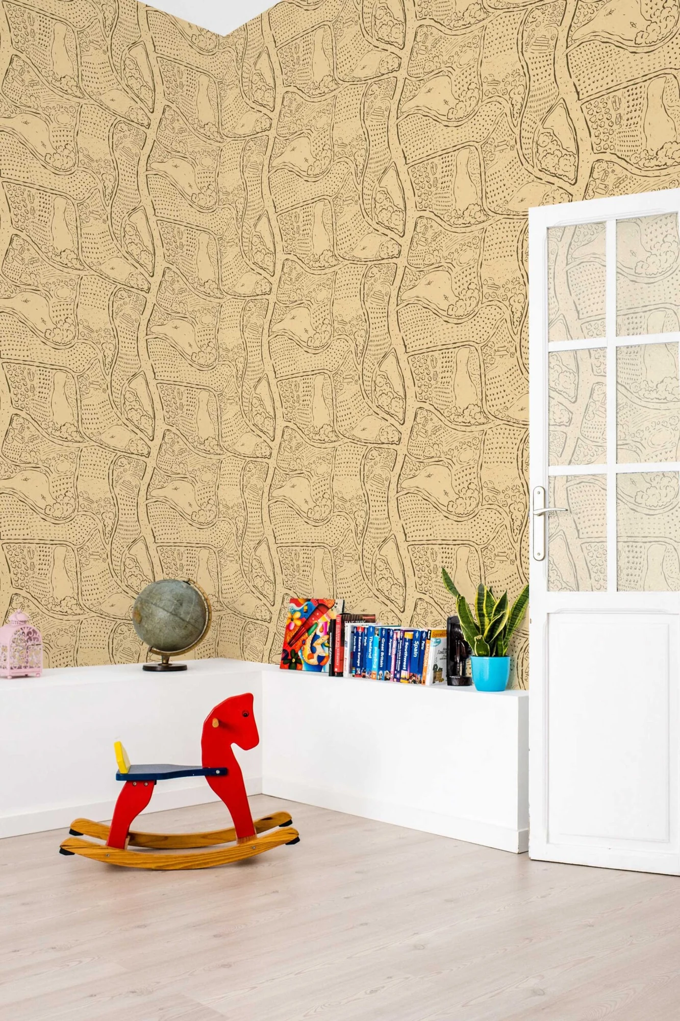 Contour Lines wallpaper in a room setting: sepia map-inspired linework. This is the organic selection, not a literal landscape mural