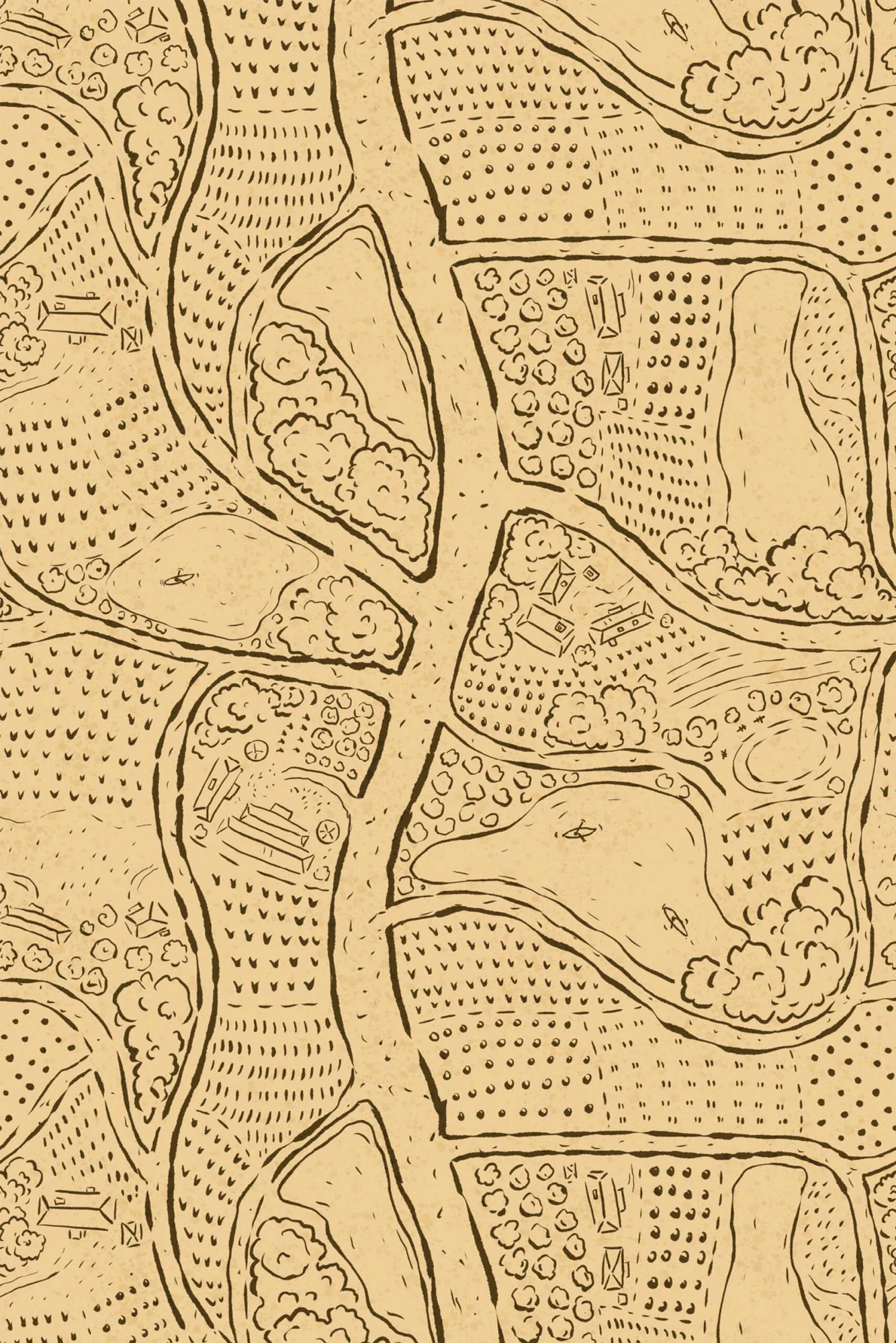 Contour Lines wallpaper pattern close-up: sepia map-inspired linework. This is the organic selection, not a literal landscape mural