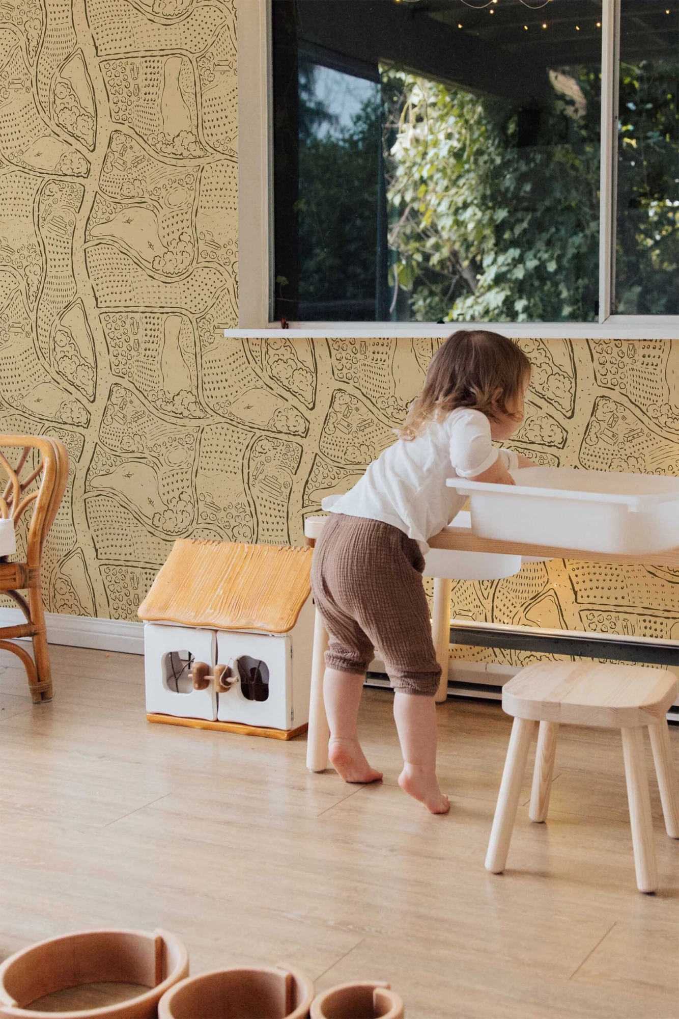 Contour Lines wallpaper in a room setting: sepia map-inspired linework. This is the organic selection, not a literal landscape mural