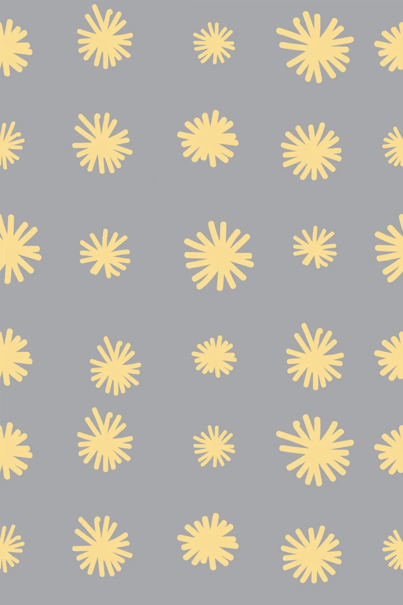 Dandelion flower wallpaper pattern close-up: small yellow dandelion-like bursts spaced across a gray ground