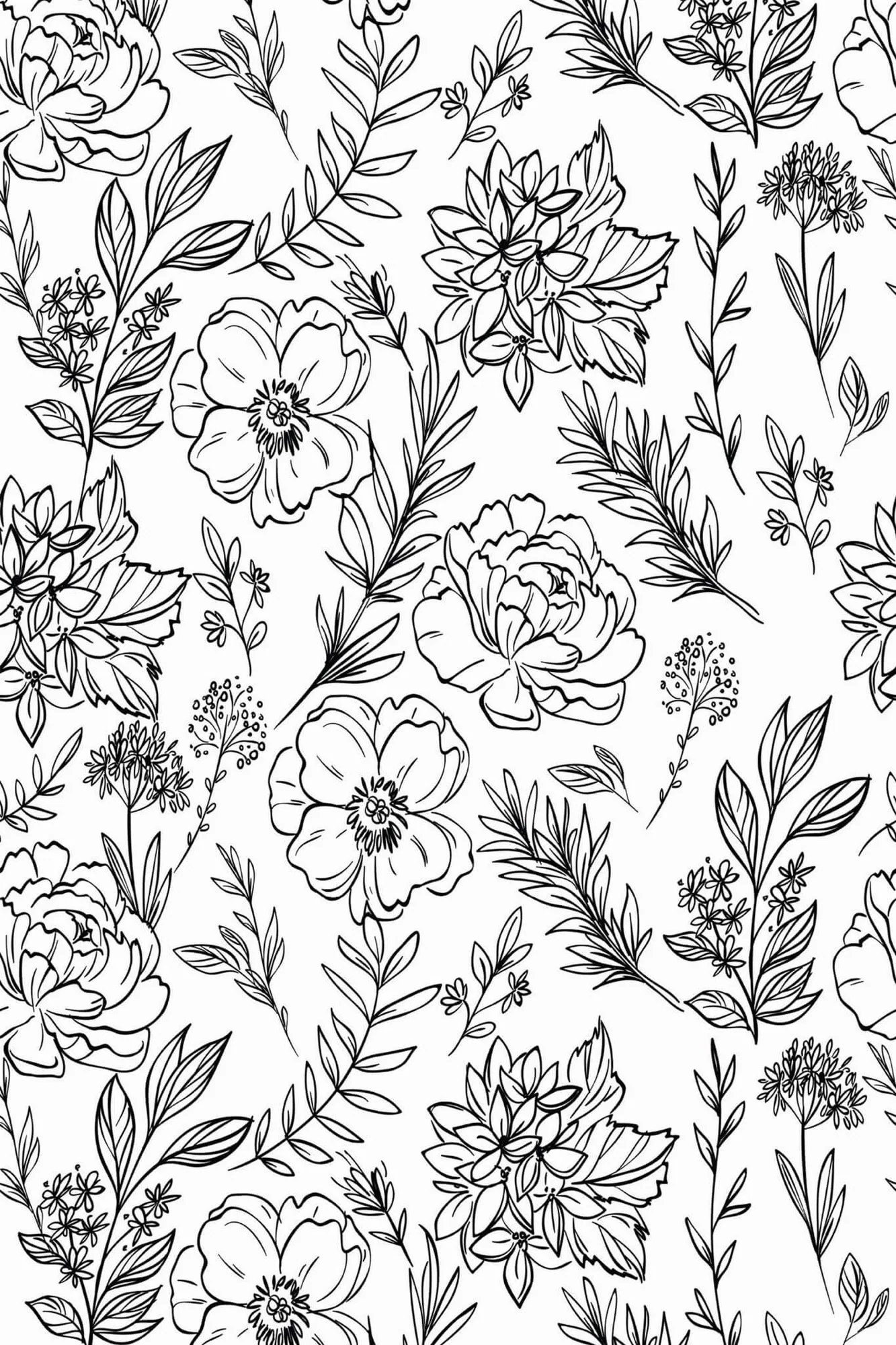 Floral garden wallpaper pattern close-up: black line-drawn flowers and leafy stems in a full white-ground repeat