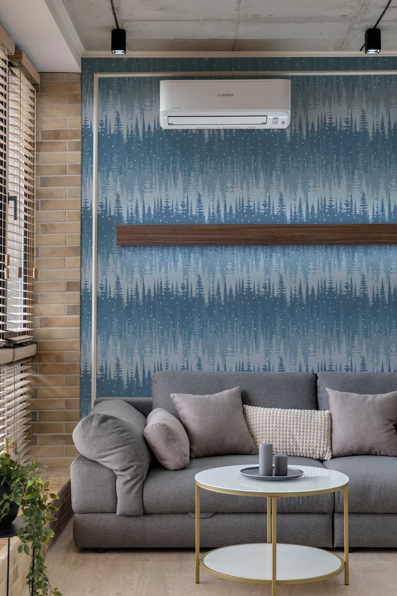Frosted Pines wallpaper in a room setting: frosted blue pines; serene winter forest