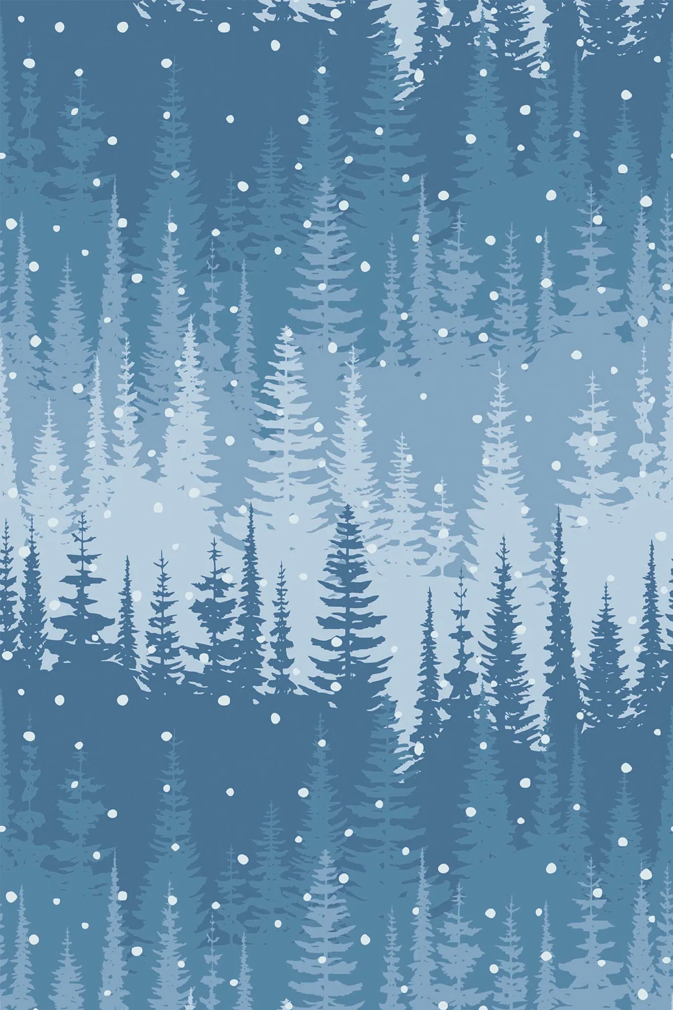 Frosted Pines wallpaper pattern close-up: frosted blue pines; serene winter forest