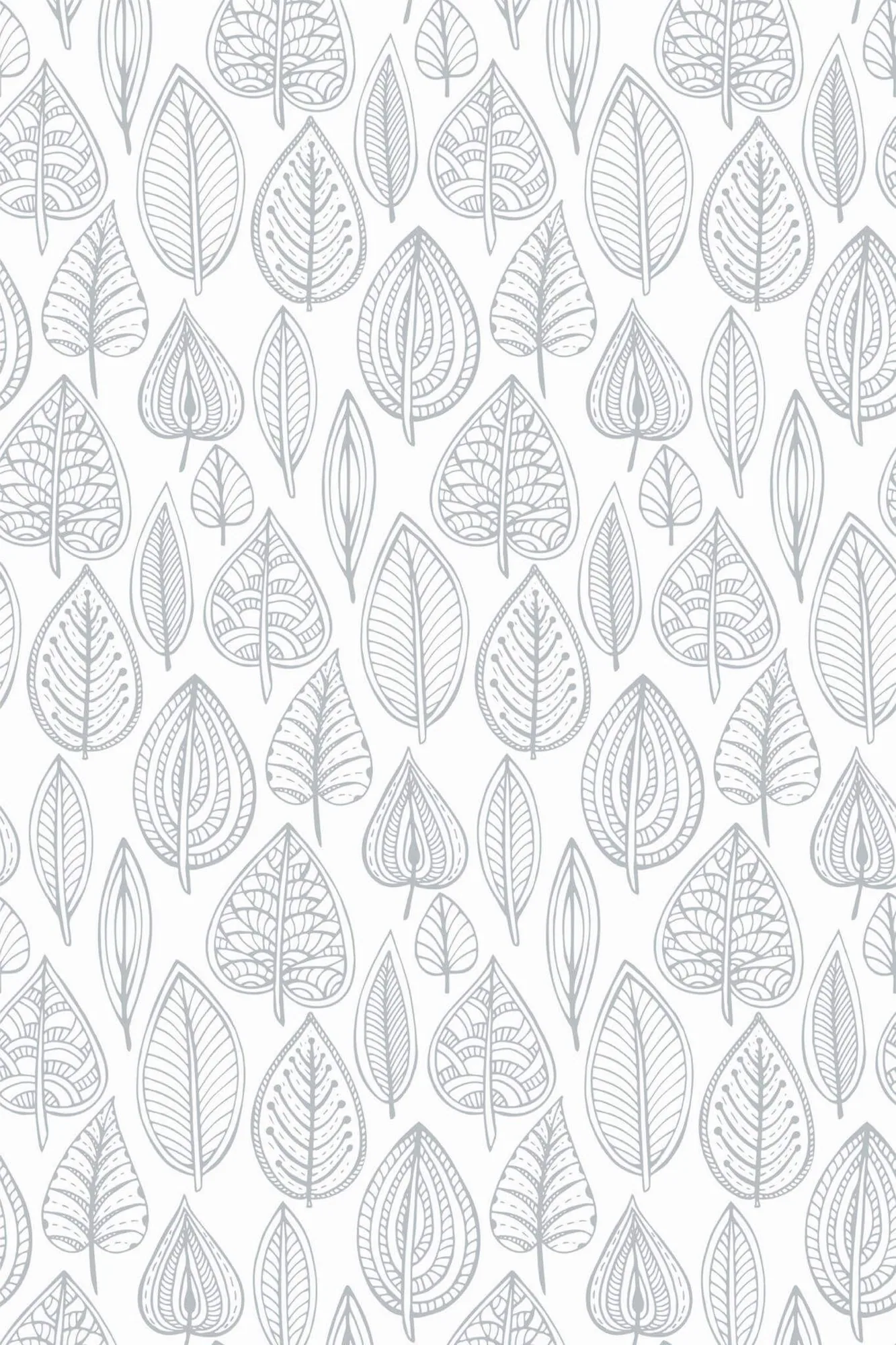 Gray Scandi leaf wallpaper pattern close-up: fine gray leaf outlines arranged in vertical rows on white
