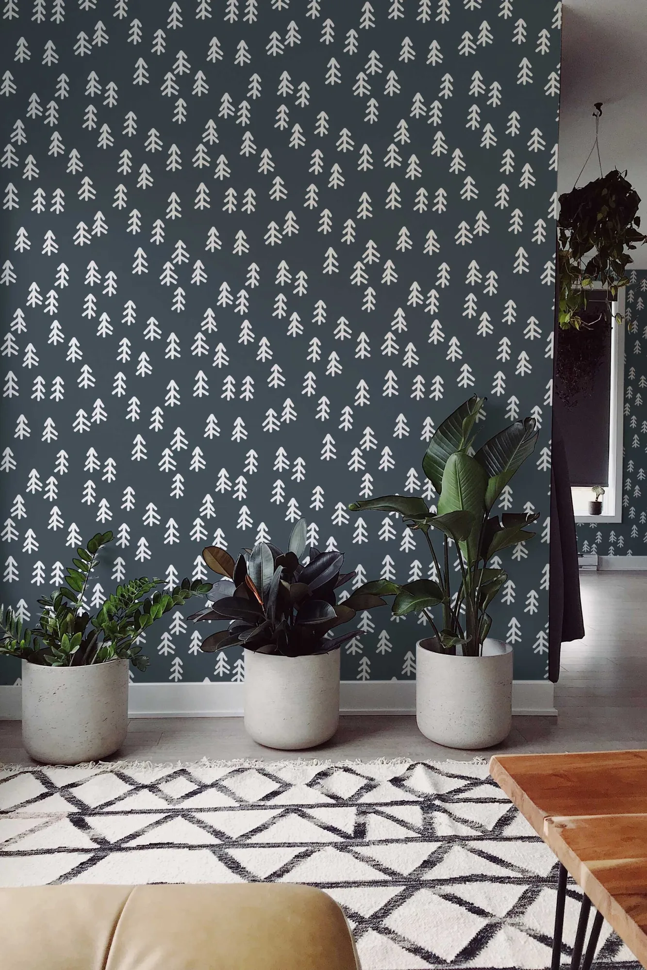 Gray Simple Pines wallpaper in a room setting: simple gray pine motif; neutral and minimal