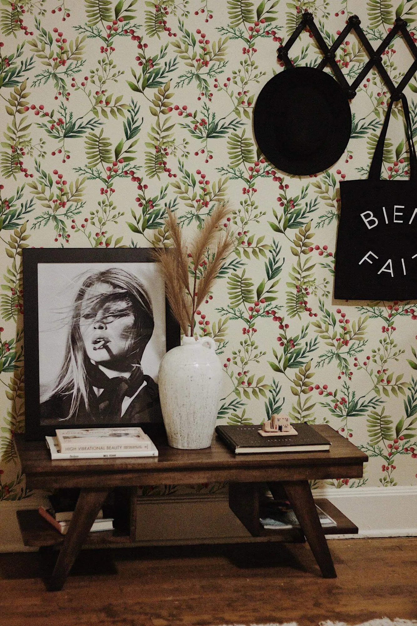 Green Christmas mistletoe wallpaper in a room setting: farmhouse mistletoe in muted greens