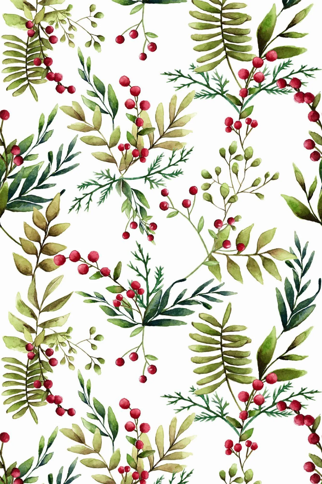 Green Christmas mistletoe wallpaper pattern close-up: farmhouse mistletoe in muted greens