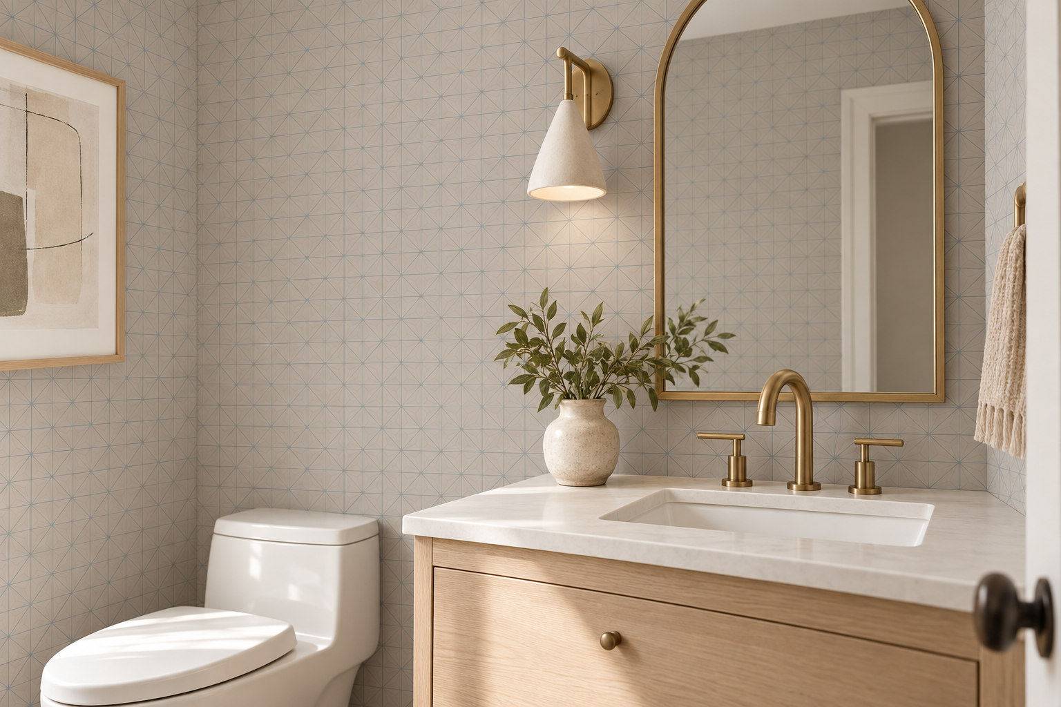Japandi Grid Wallpaper in a WallJoy concept powder room at supplier-matched scale