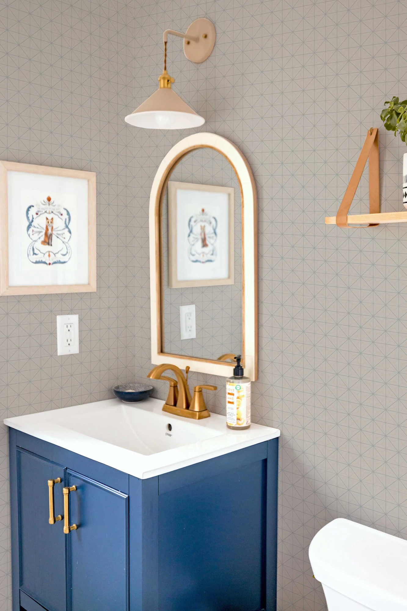 Japandi Grid wallpaper in a room setting: fine taupe grid for a restrained, structured neutral option