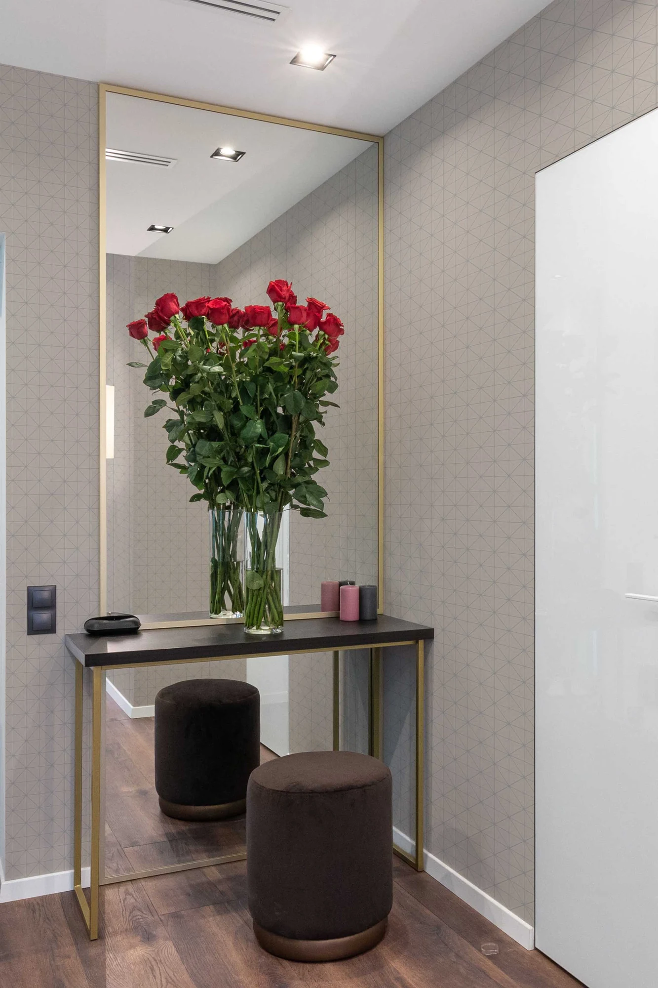 Japandi Grid wallpaper in a room setting: fine taupe grid for a restrained, structured neutral option