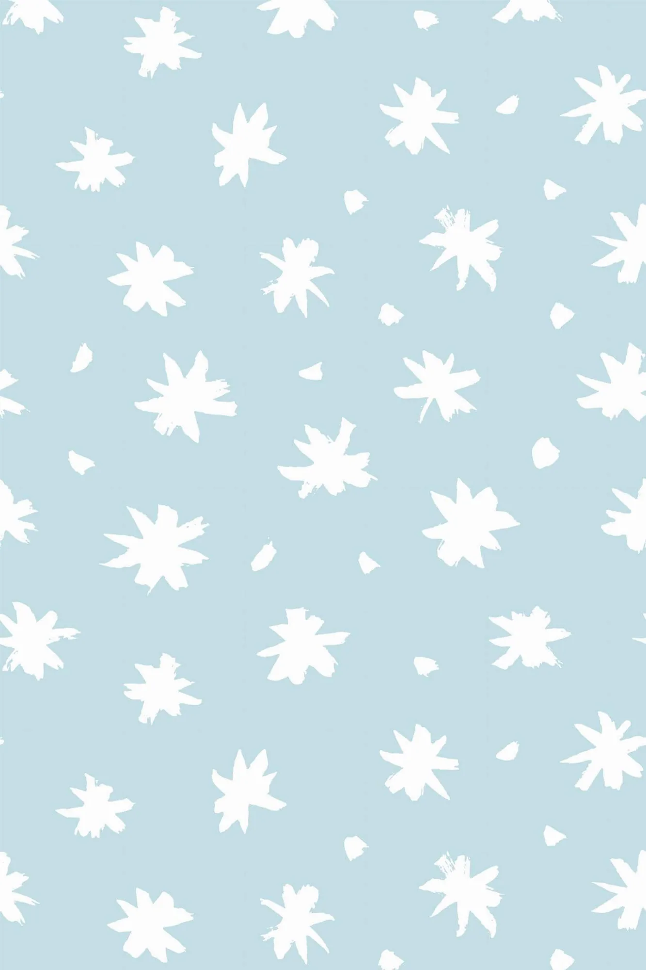 Minimalist floral wallpaper pattern close-up: loose blue-and-white flower marks in a small printed repeat