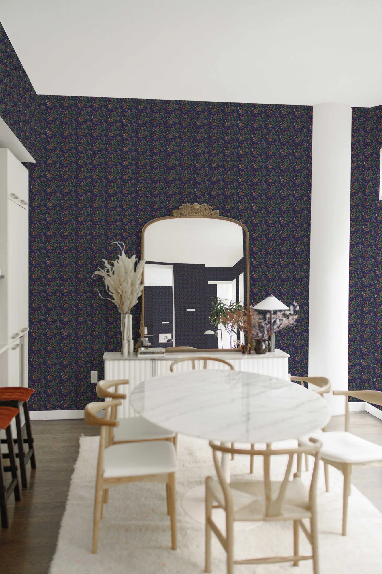 Moody Christmas wallpaper in a room setting: jewel-blue Scandinavian botanical pattern