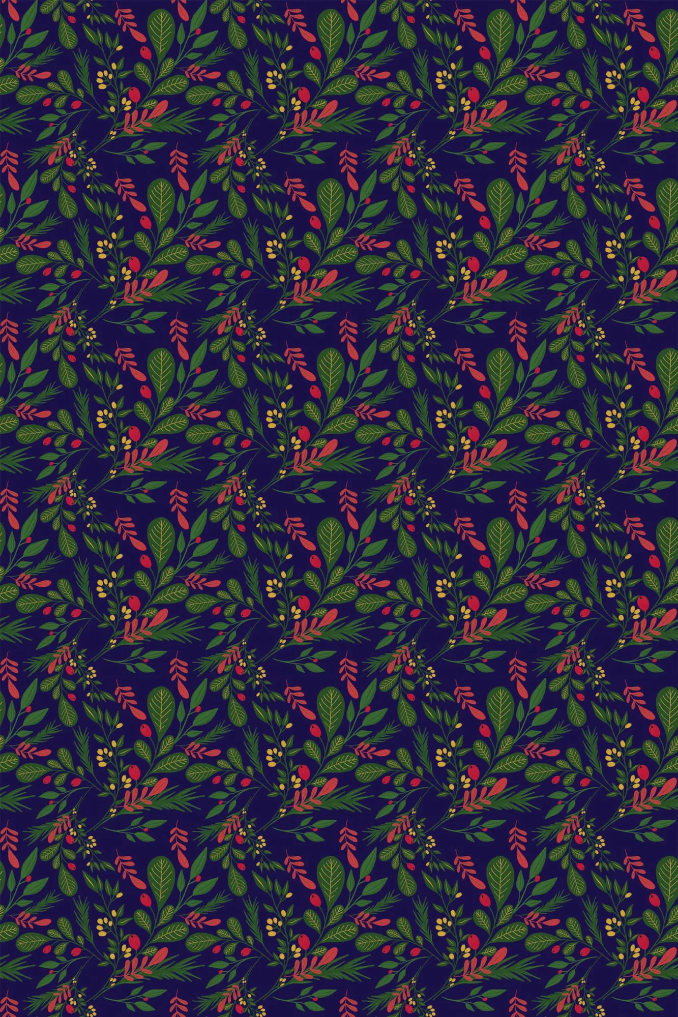 Moody Christmas wallpaper pattern close-up: jewel-blue Scandinavian botanical pattern