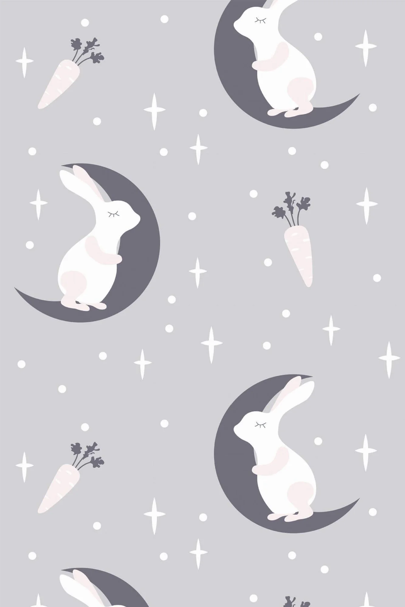 Moon and bunny nursery wallpaper pattern close-up: rabbits resting on crescent moons with stars, in soft gray and white