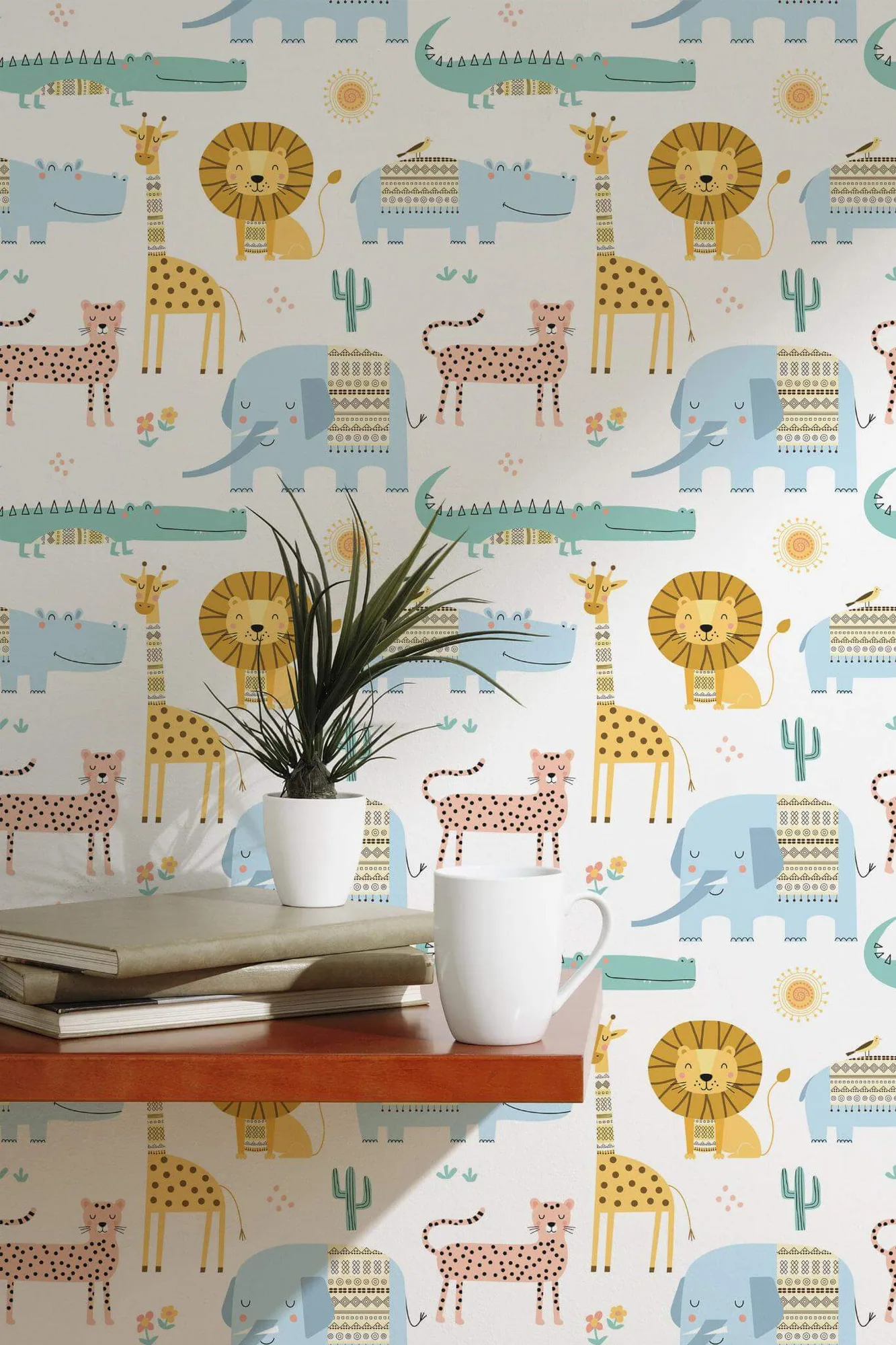 Multicolor safari animals wallpaper in a room setting: pastel lions, giraffes, crocodiles, and other safari animals repeat on white