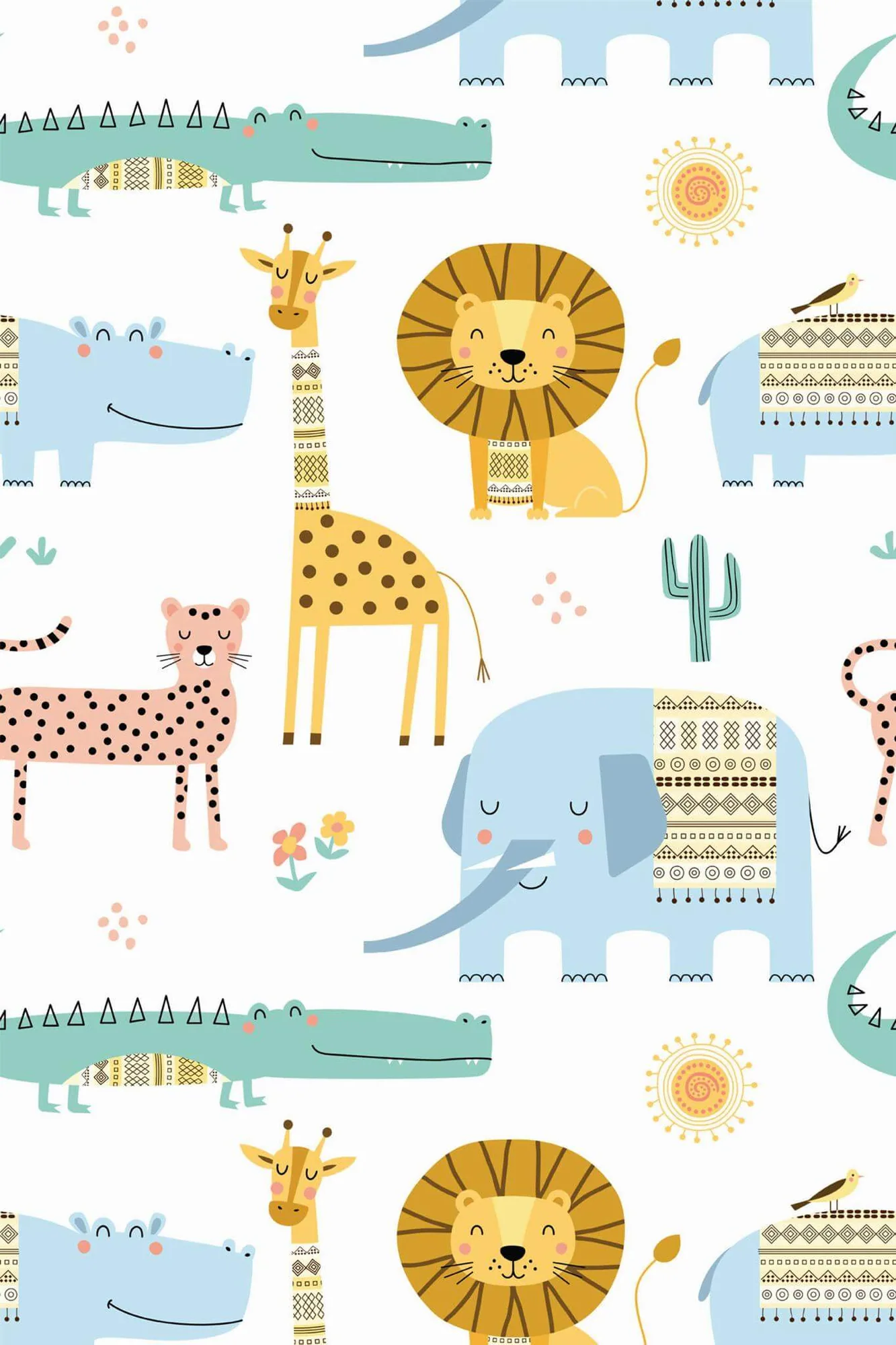Multicolor safari animals wallpaper pattern close-up: pastel lions, giraffes, crocodiles, and other safari animals repeat on white