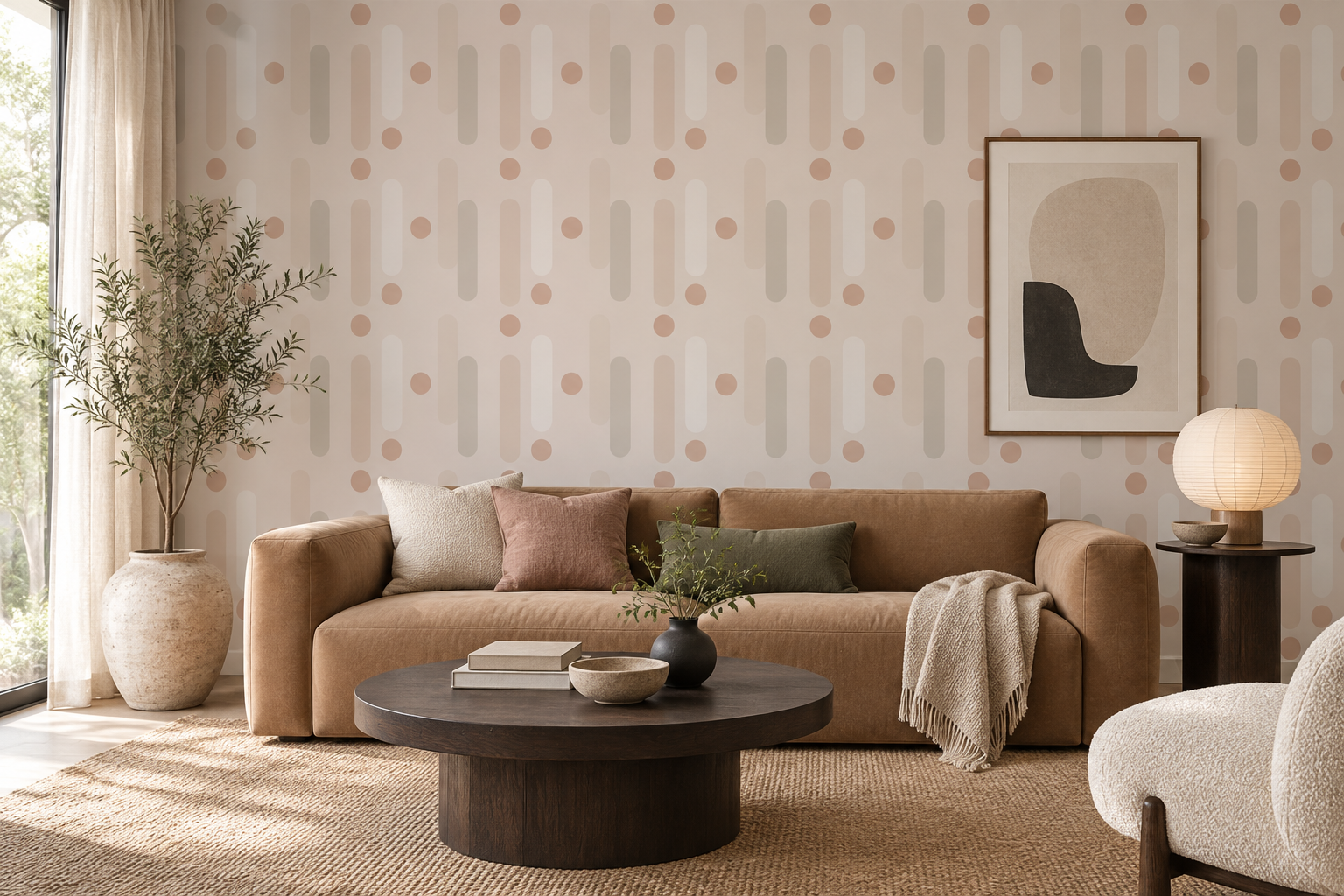 Neutral geometric Wallpaper in a WallJoy concept sitting room at supplier-matched scale