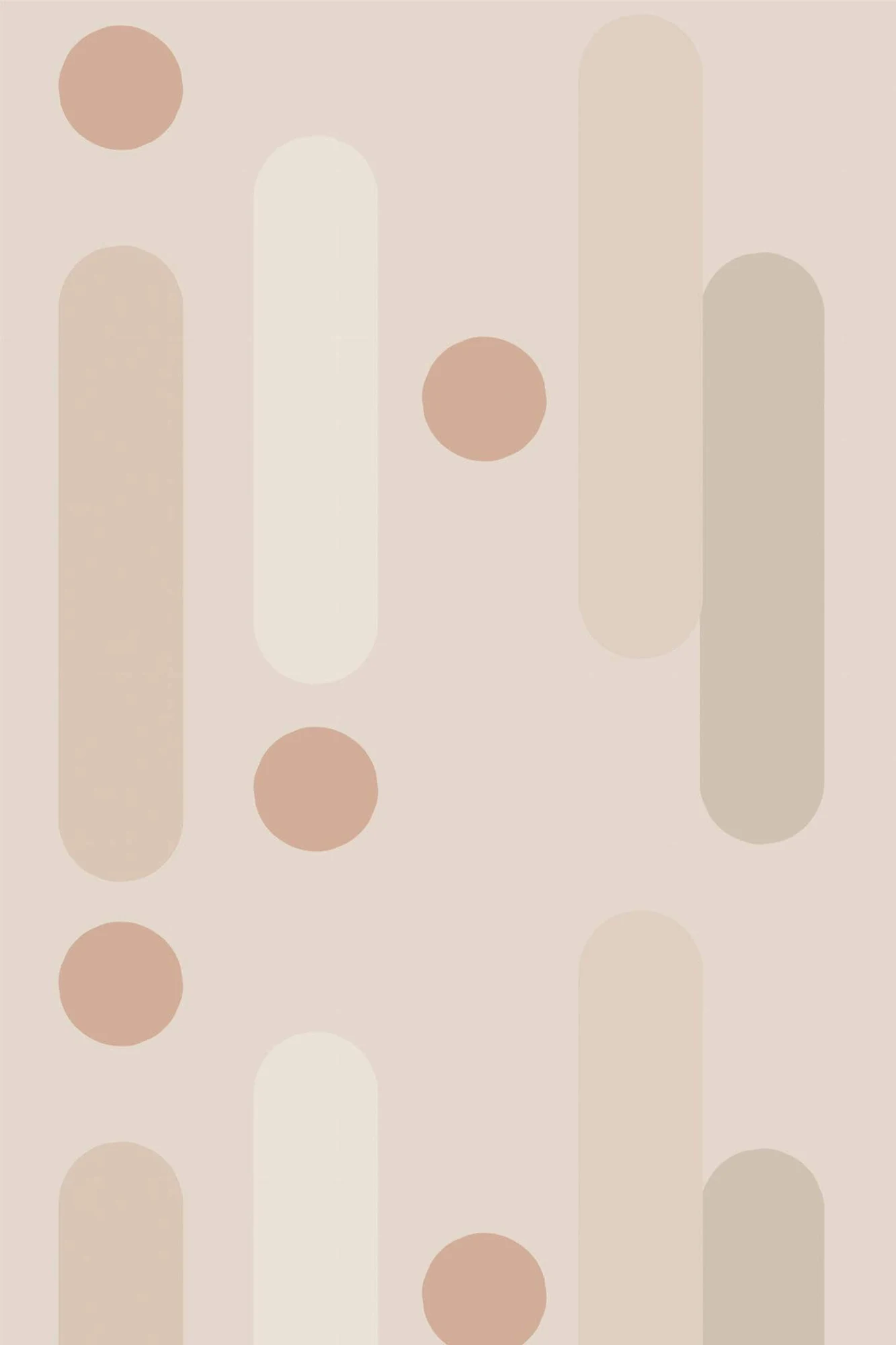 Neutral geometric wallpaper pattern close-up: rounded vertical forms and small circles in a soft warm palette