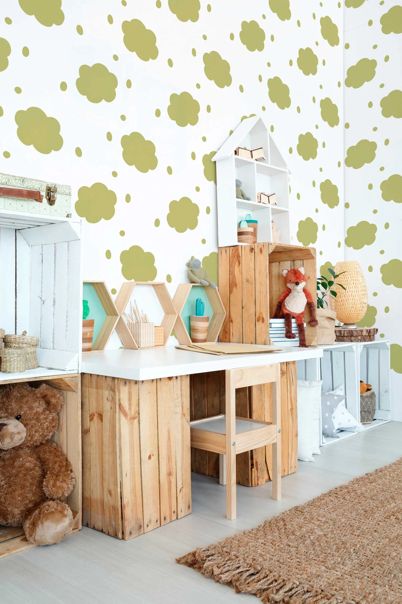 Neutral Nursery Cloud wallpaper pattern close-up: watercolor clouds in warm beige and olive tones