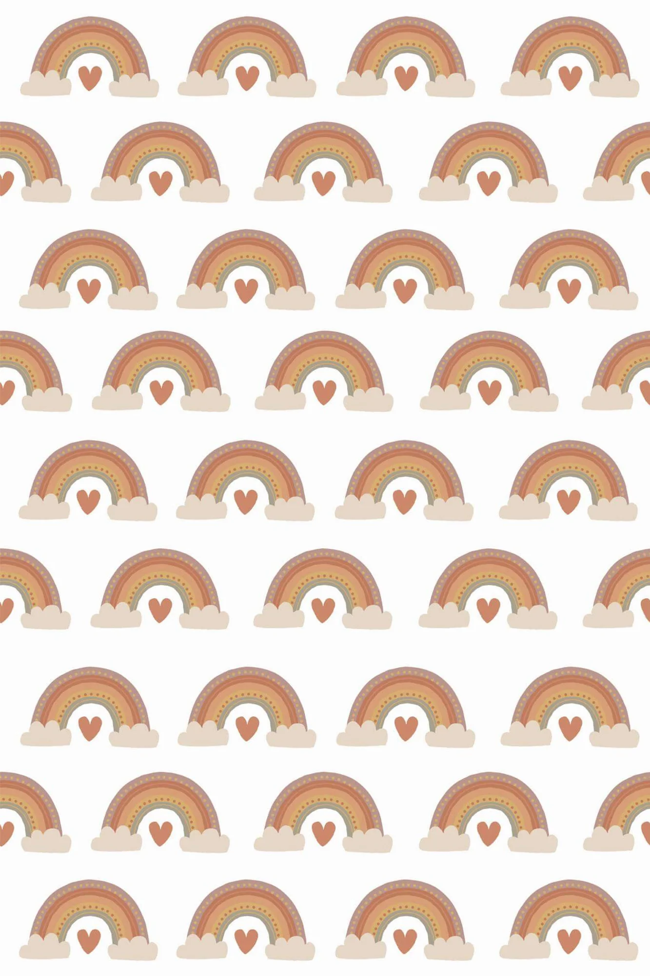 Neutral rainbow wallpaper pattern close-up: quiet beige rainbows with small hearts and clouds
