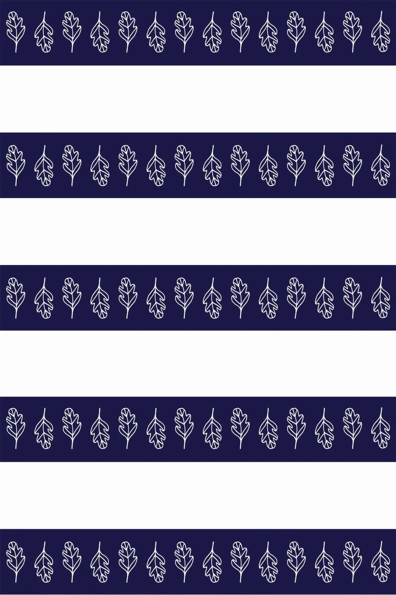 Oak leaf stripe wallpaper pattern close-up: navy bands alternate with slim rows of white oak-leaf motifs