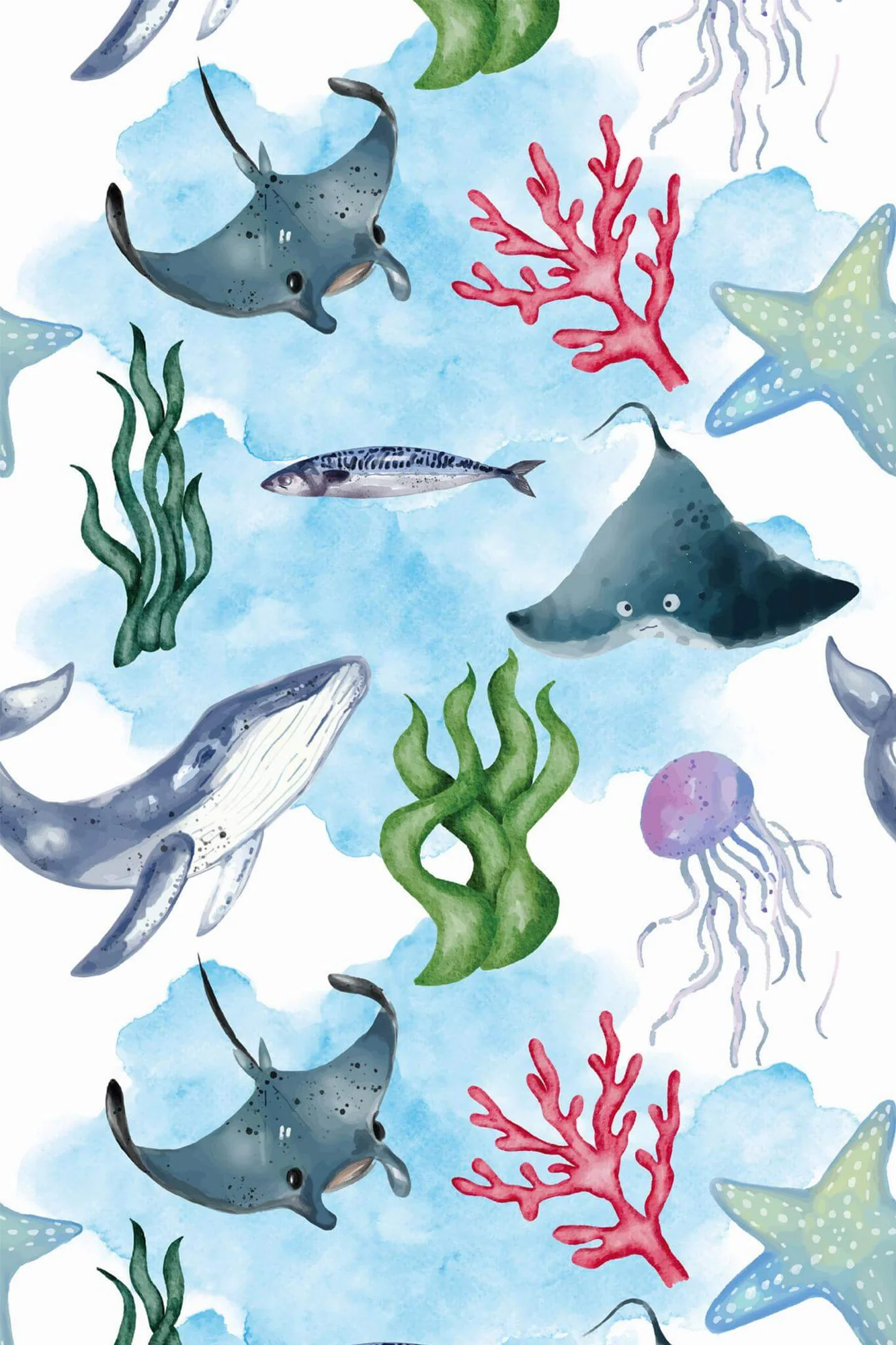 Ocean life wallpaper pattern close-up: watercolor fish and sea plants in easy blues and greens