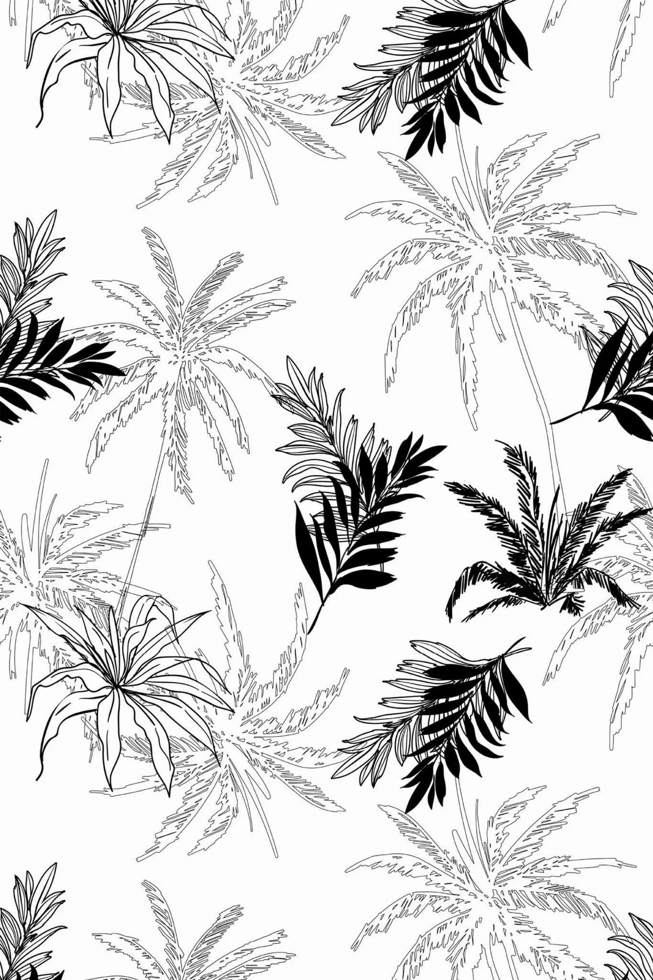 Palm wallpaper pattern close-up: black palm fronds and fine sketched foliage on white
