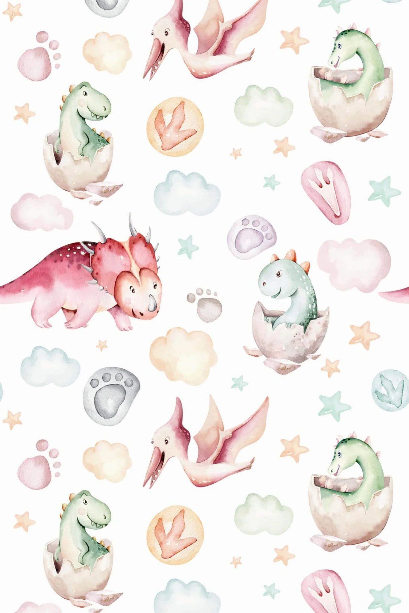 Pastel seamless dinosaur wallpaper pattern close-up: soft watercolor dinosaurs and hatchlings drifting among clouds in gentle pastels