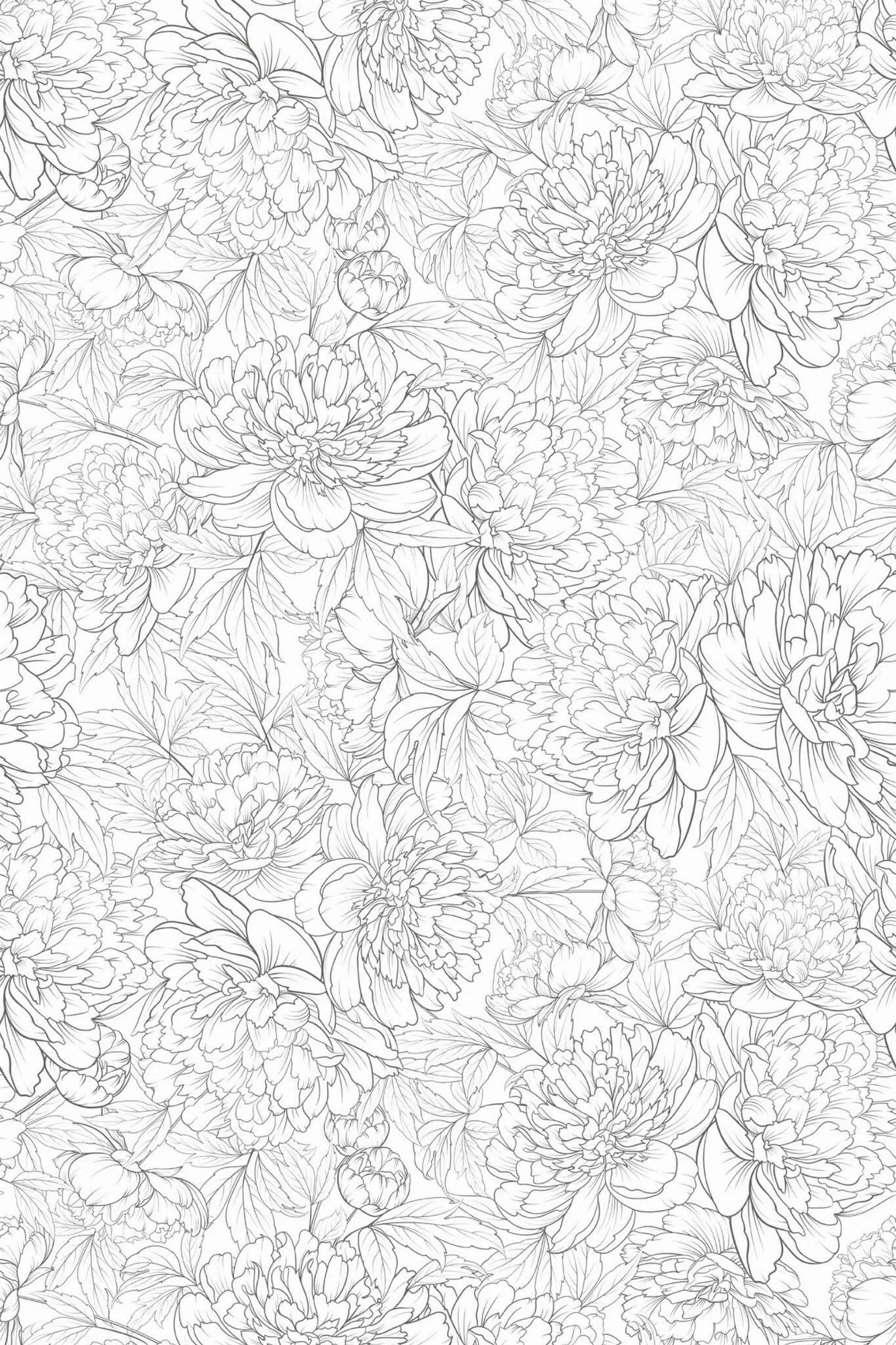 Peony floral wallpaper pattern close-up: black peonies and fine leafy stems on white in a dense printed repeat