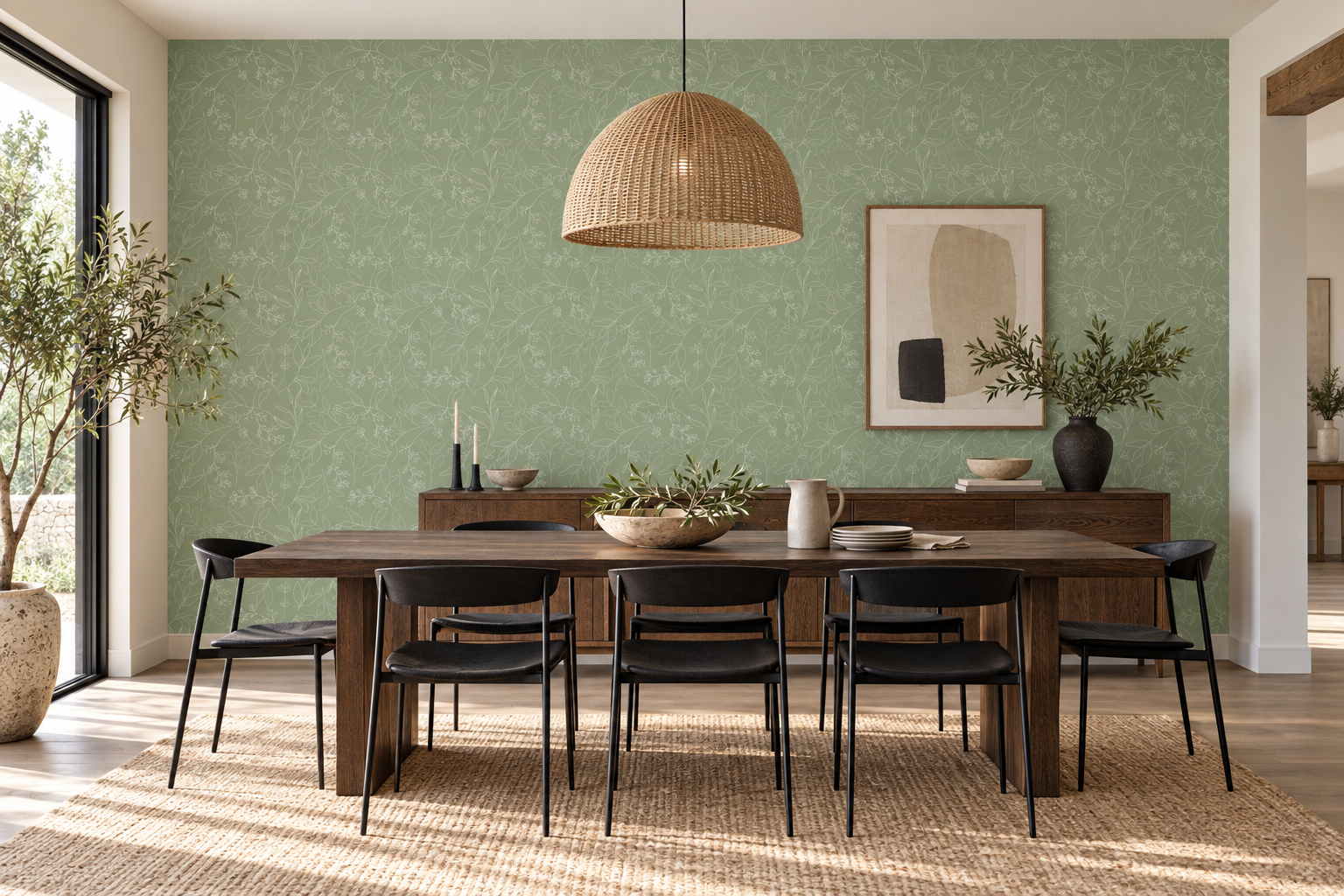Sage green leaf Wallpaper in a WallJoy concept dining room at supplier-matched scale
