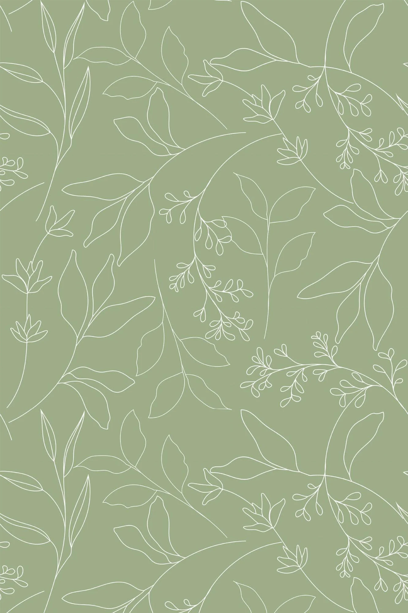 Sage green leaf wallpaper pattern close-up: fine white leaf outlines on sage green